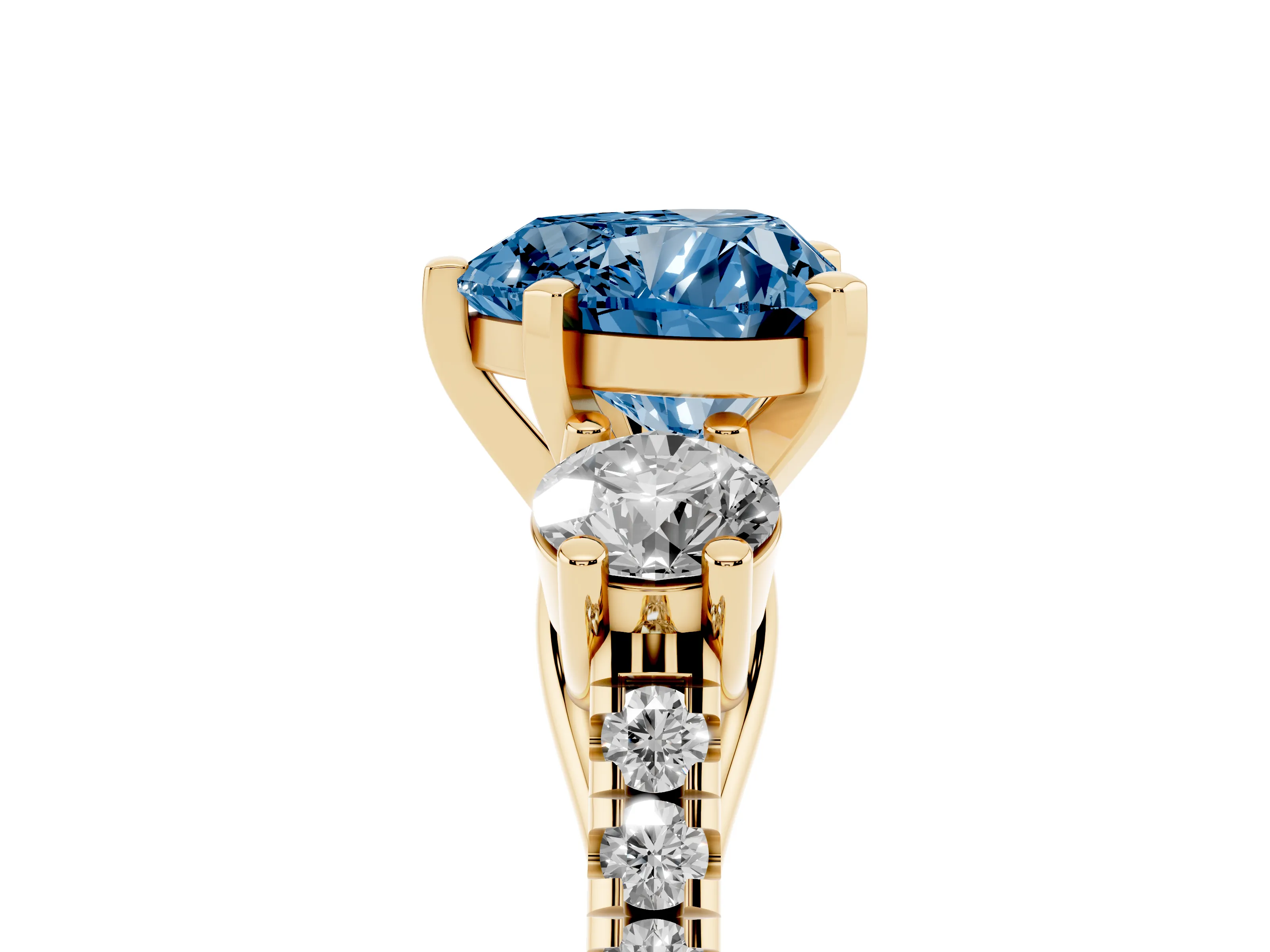 Fancy Blue Three-Stone Heart Cut Diamond Pavé Band Ring Set in Yellow gold with Prong-Set Trio