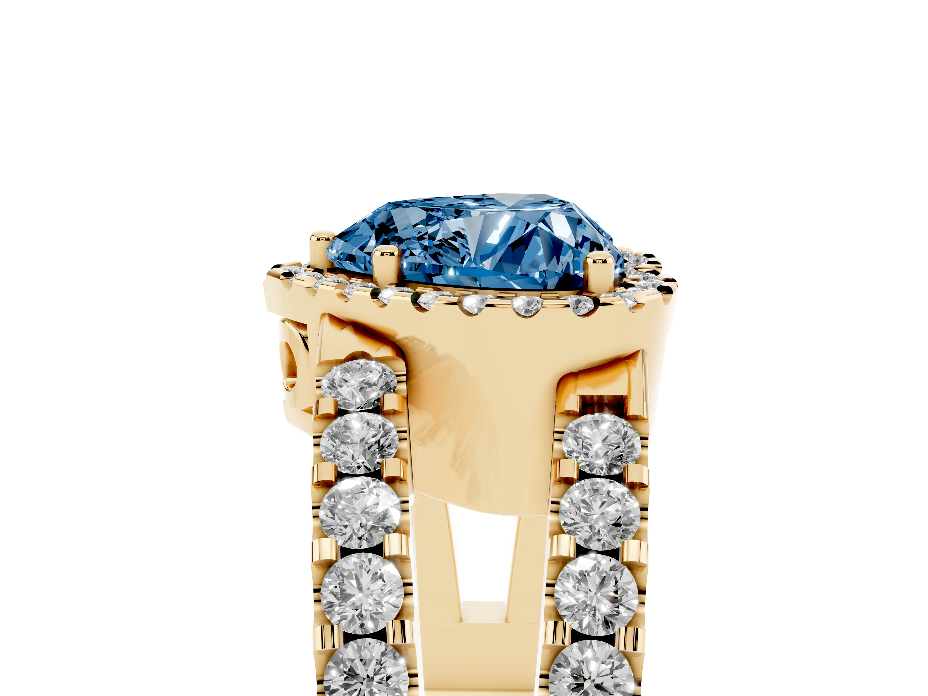 Fancy Blue Heart Cut Diamond Halo Ring Set in Yellow gold with Pavé Split Shank and Prong Setting
