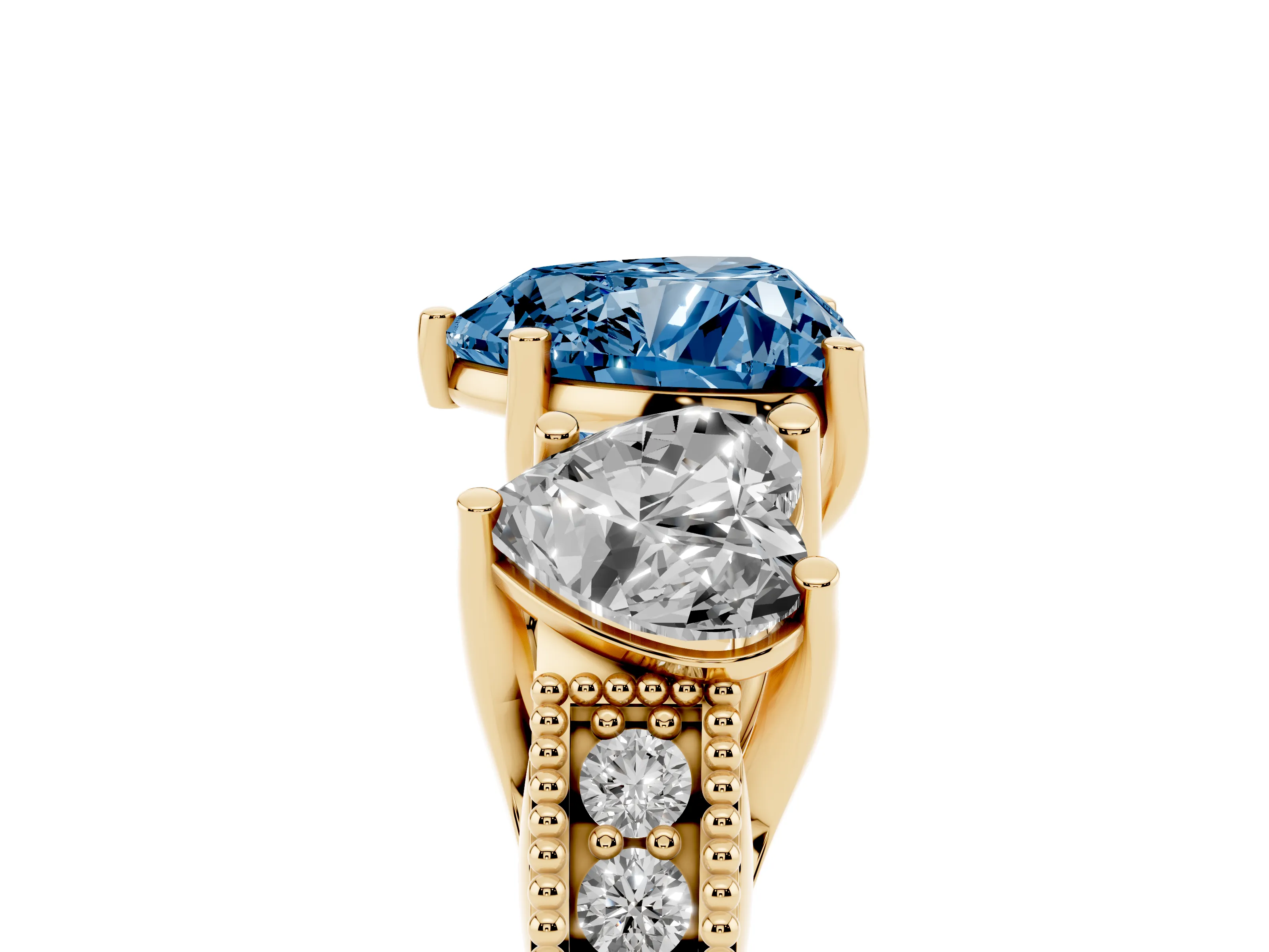 Fancy Blue Heart Cut Diamond Three-Stone Engagement Ring Set in Yellow gold with Milgrain Pavé Band
