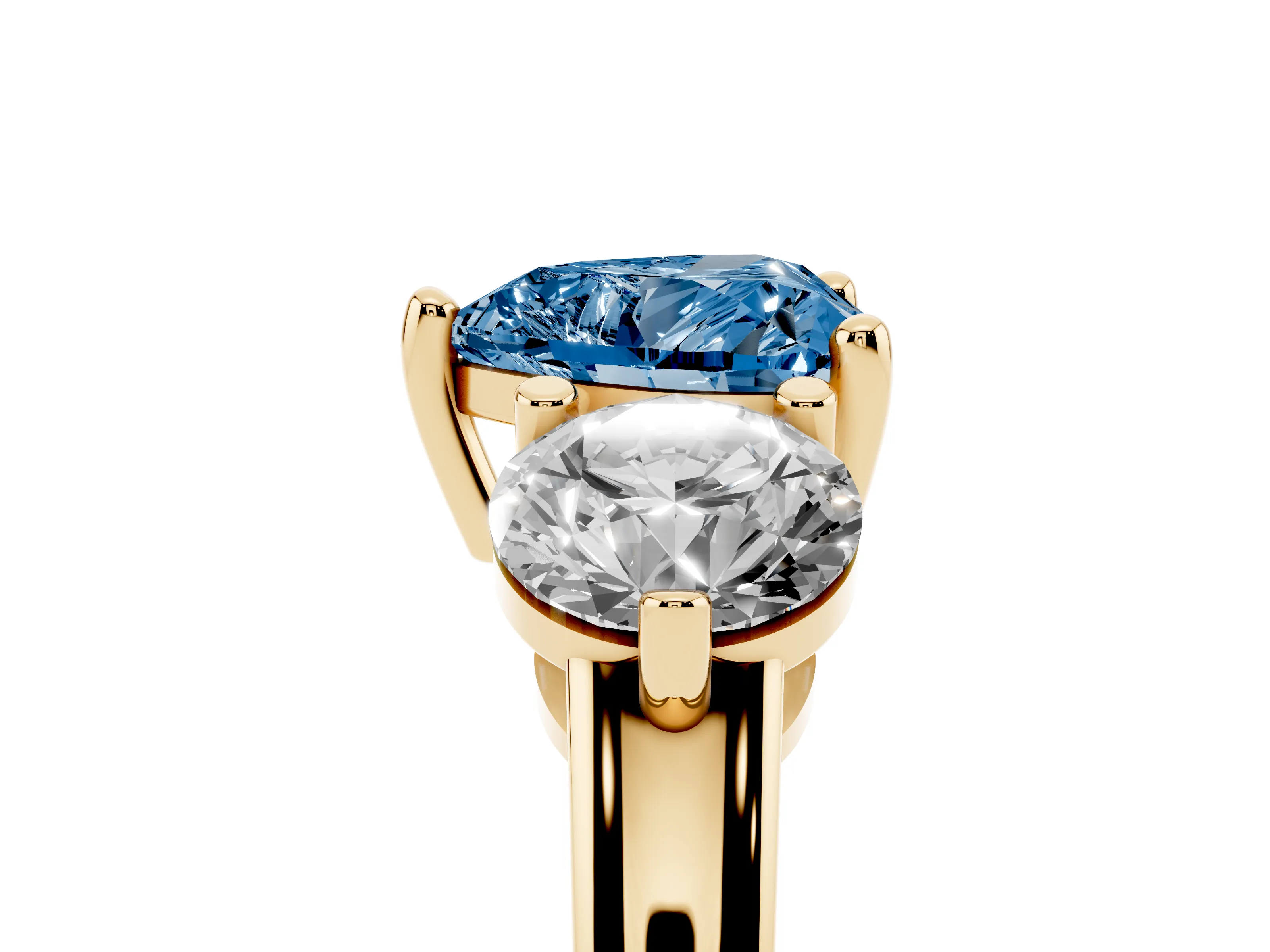 Fancy Blue Heart Cut Diamond Three-Stone Ring Set in Yellow gold with Prong Setting and Classic Band