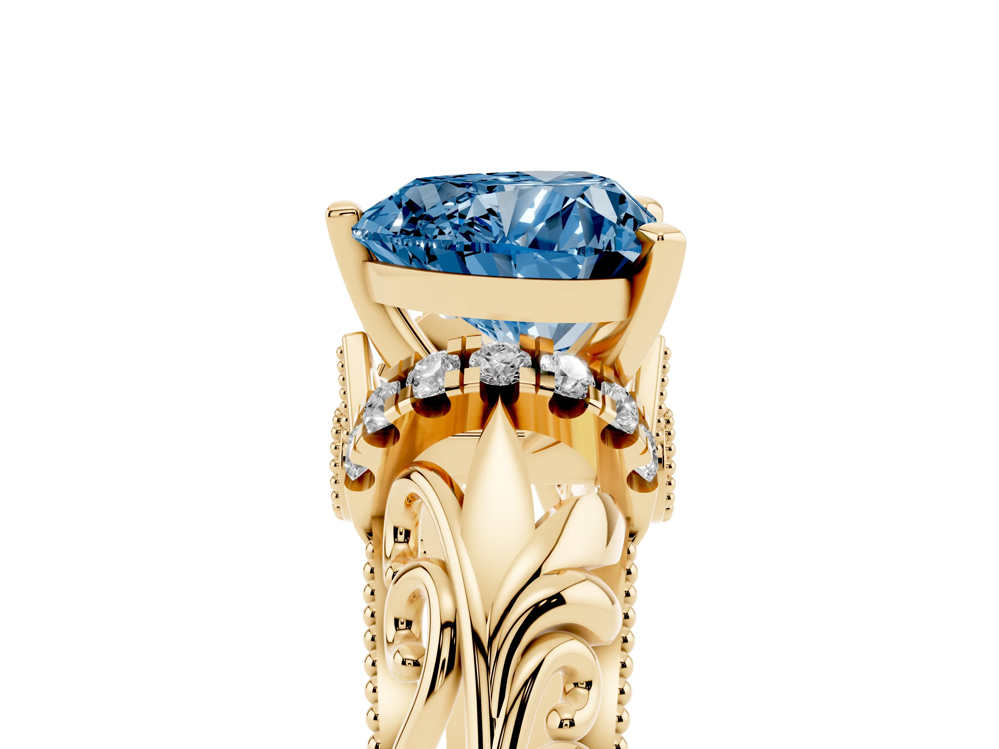 Fancy Blue Heart Cut Diamond Filigree Halo Engagement Ring Set in Yellow gold with Prong Setting