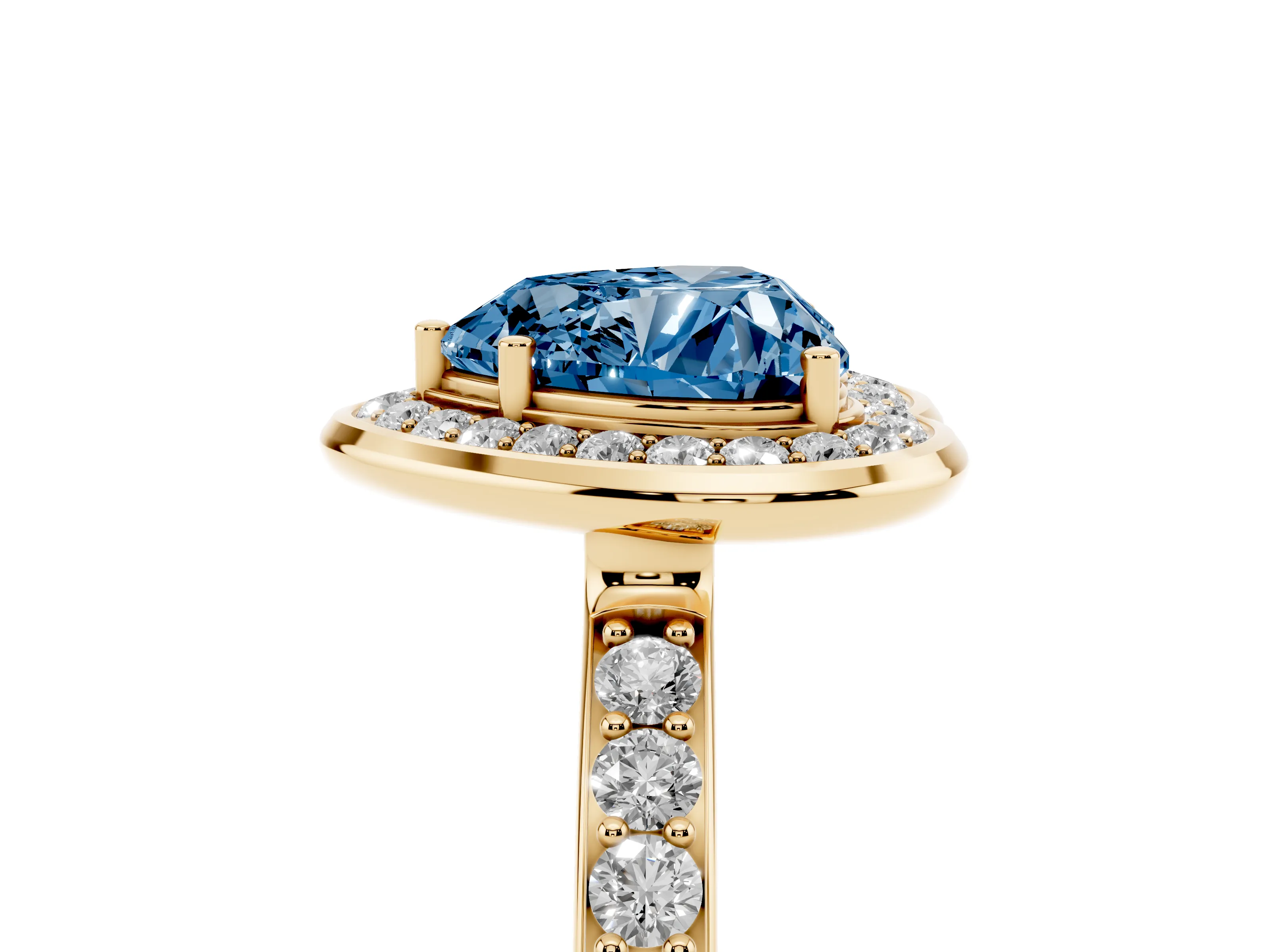 Fancy Blue Heart Cut Diamond Halo Ring Set in Yellow gold with Bezel Frame and Pavé Band