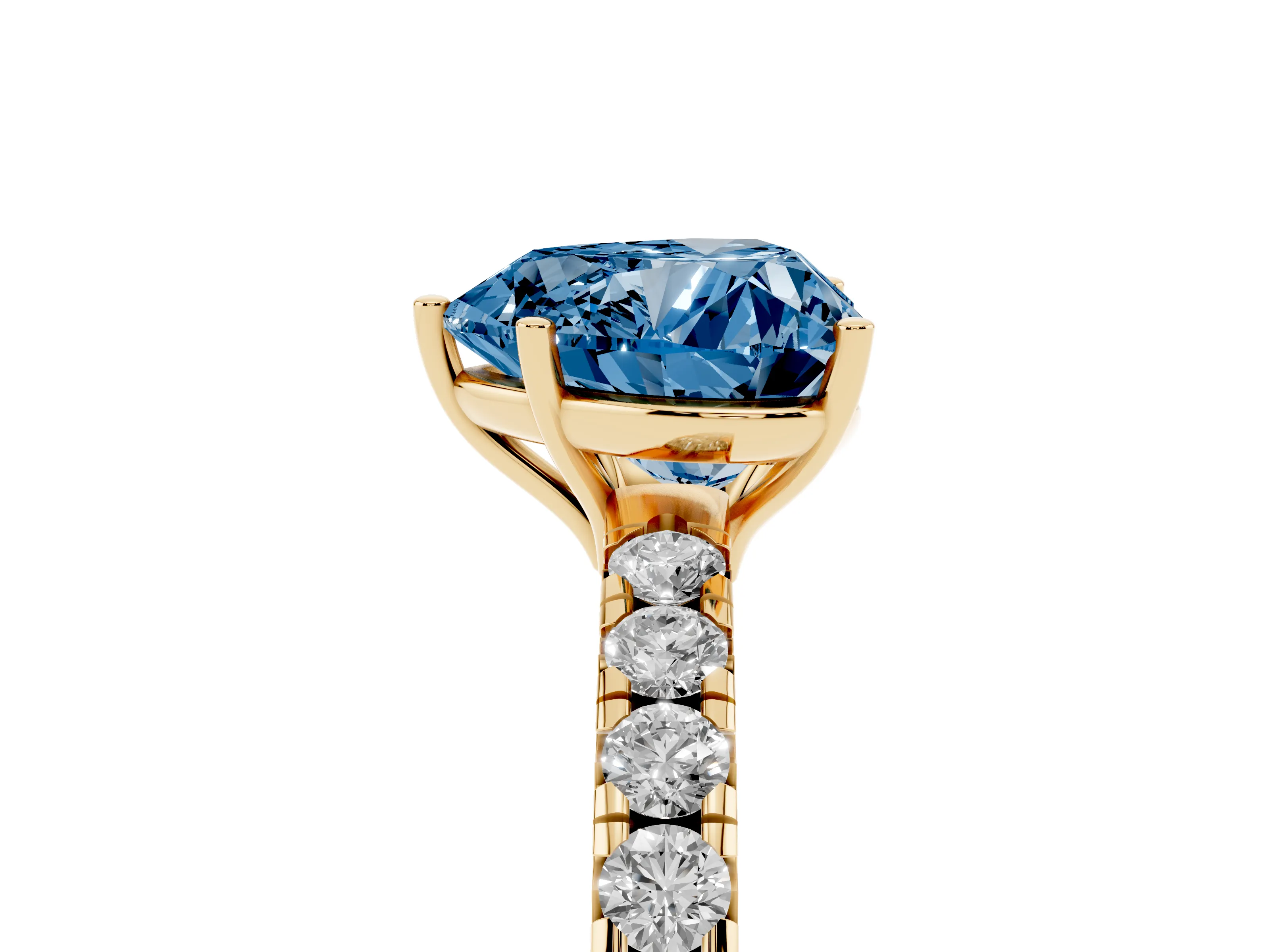 Fancy Blue Heart Cut Diamond Pavé Solitaire Engagement Ring Set in Yellow gold with Prong Setting