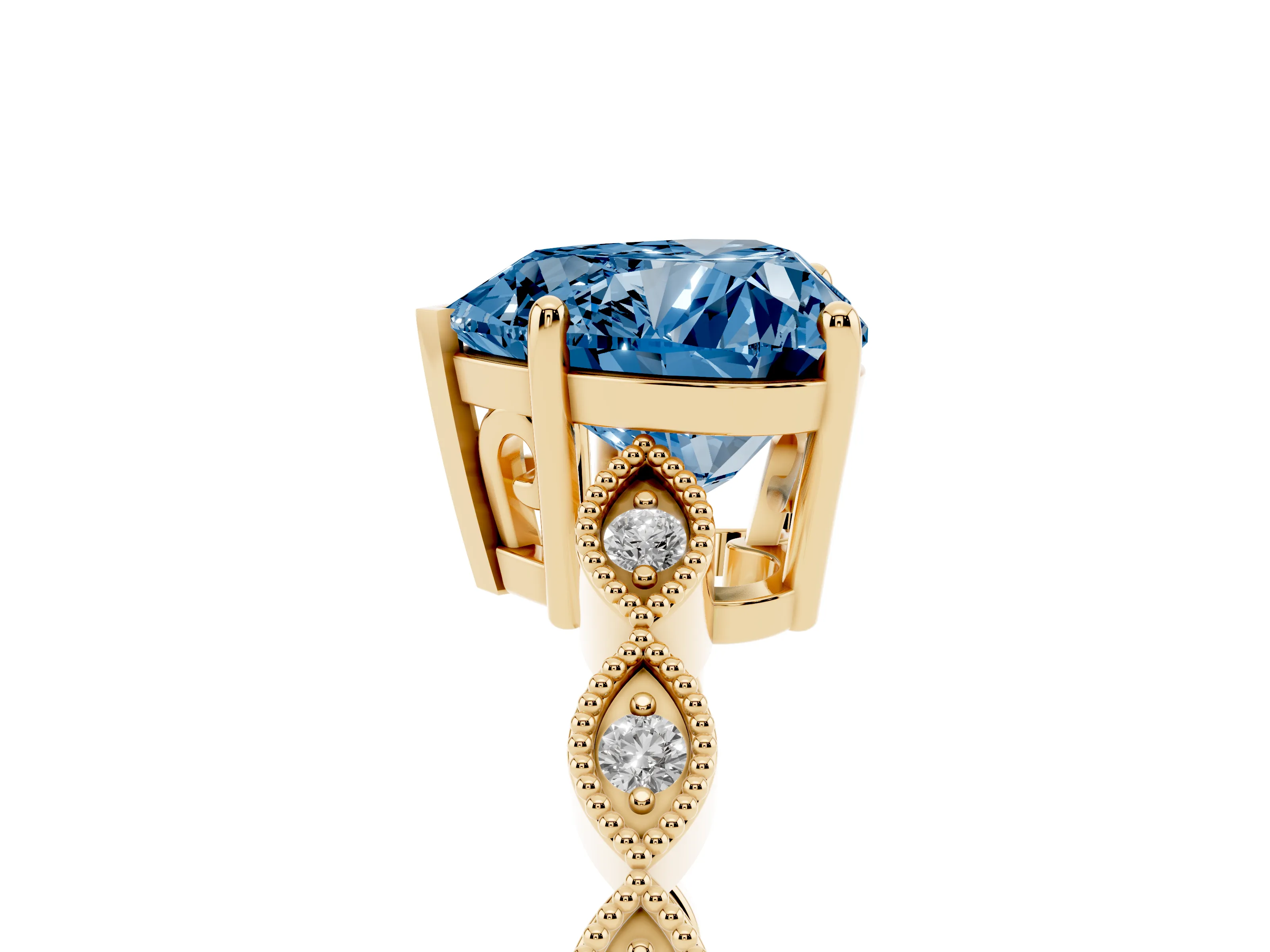 Fancy Blue Heart Cut Diamond Solitaire Ring Set in Yellow gold with Infinity Twist Pavé Band