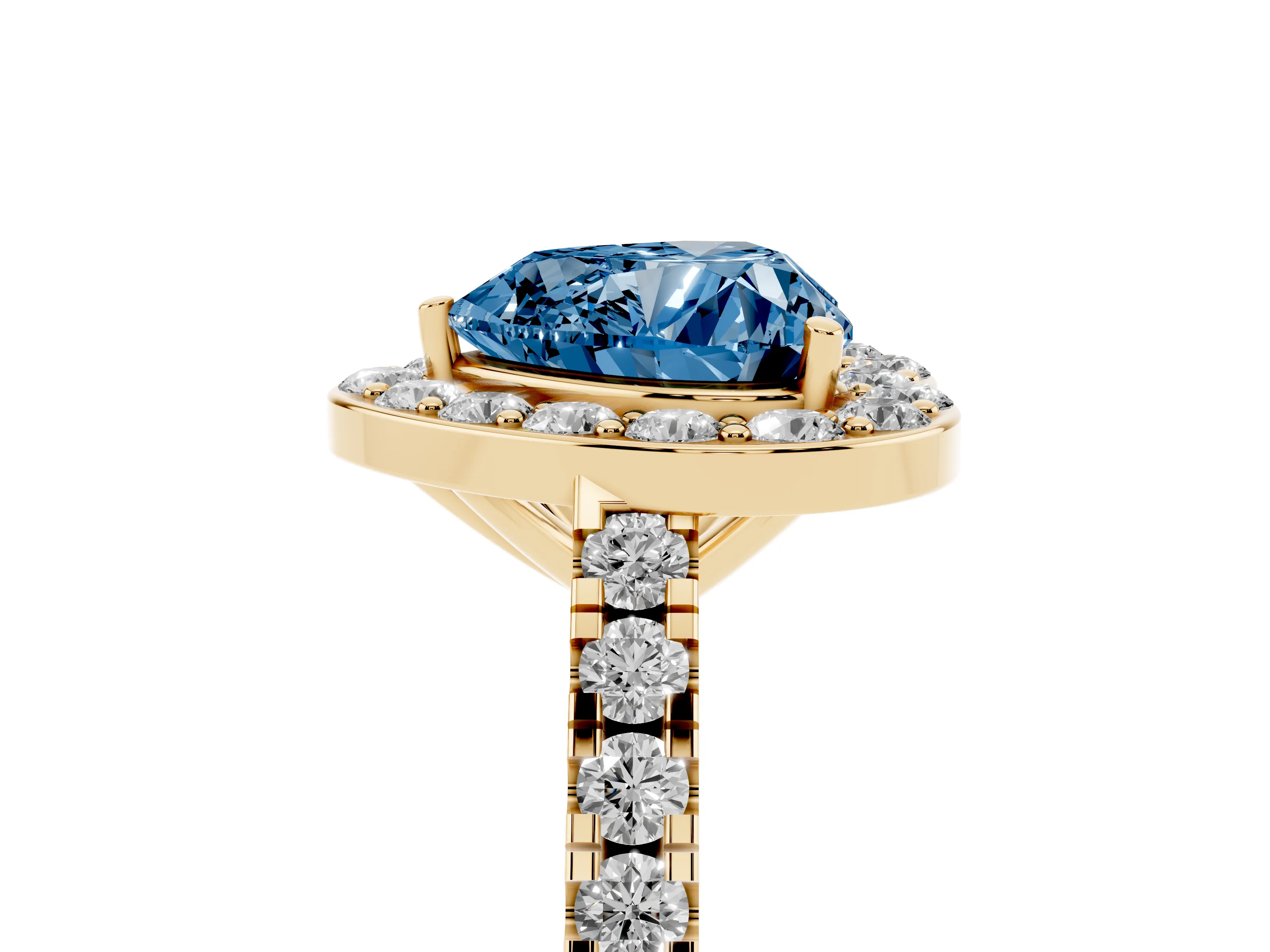 Fancy Blue Heart Cut Diamond Halo Ring Set in Yellow gold with Round Pavé Split Shank and Prong Setting