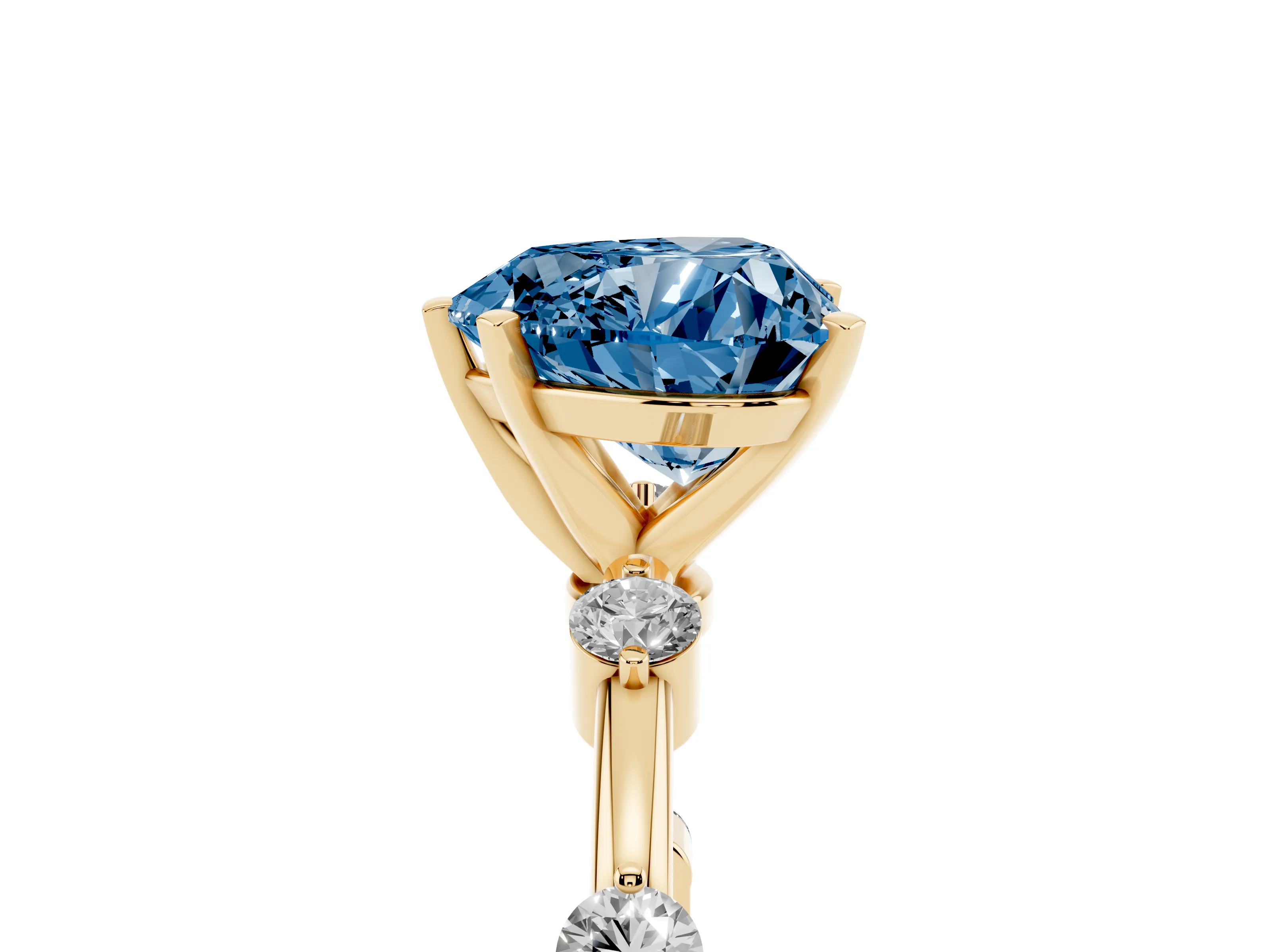 Fancy Blue Heart Cut Diamond Solitaire Ring Set in Yellow gold with Bezel Set Side Stones and Prong Setting