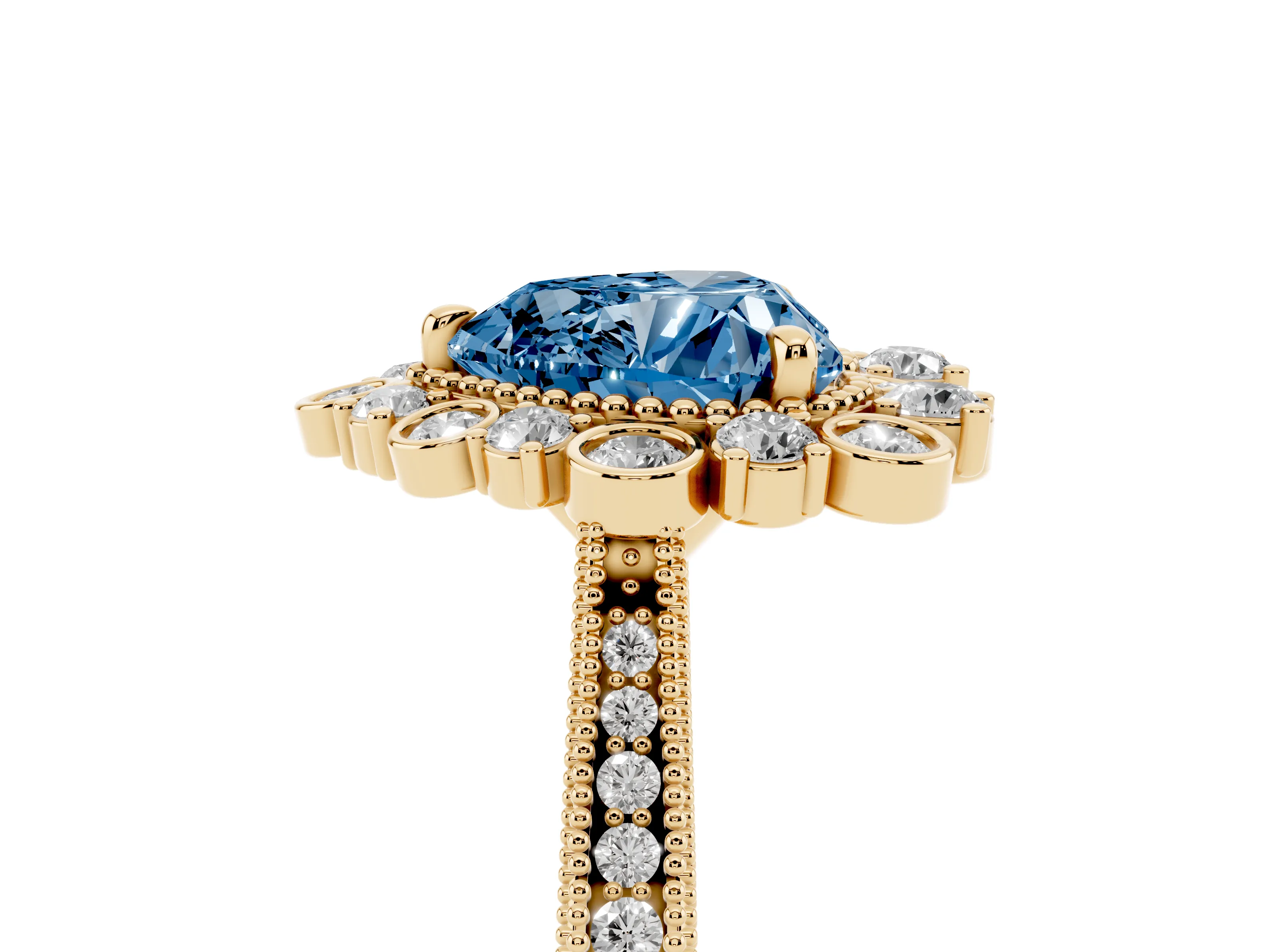 Fancy Blue Heart Cut Diamond Halo Milgrain Pavé Ring Set in Yellow gold with Prong Setting