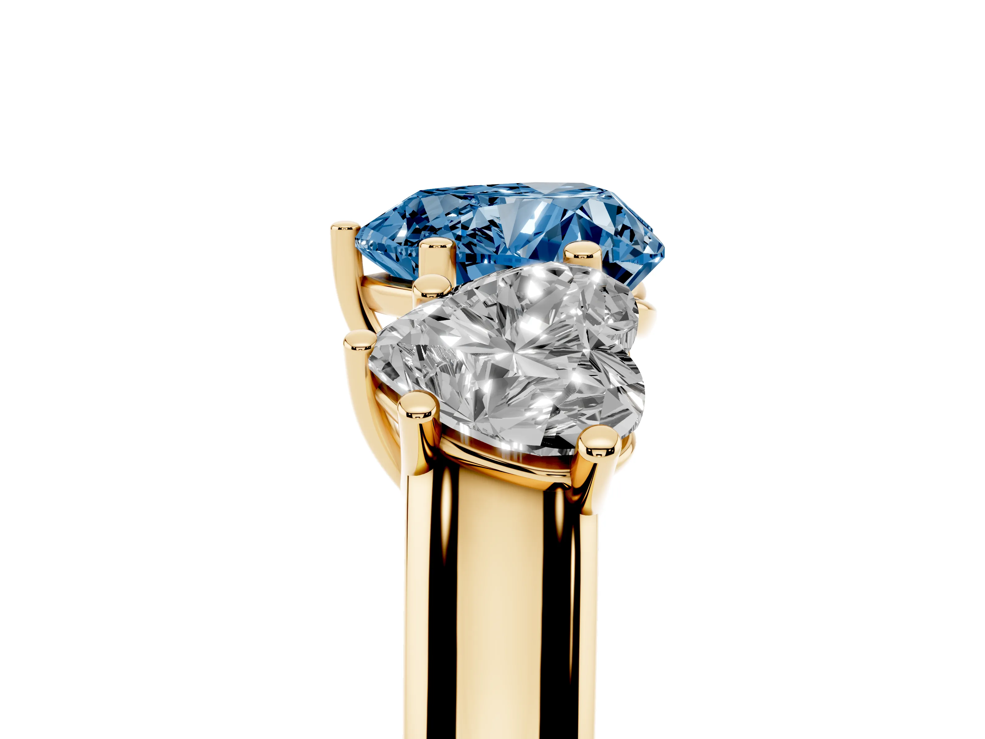 Fancy Blue Heart Cut Diamond Three-Stone Ring Set in Yellow gold with Plain Polished Band