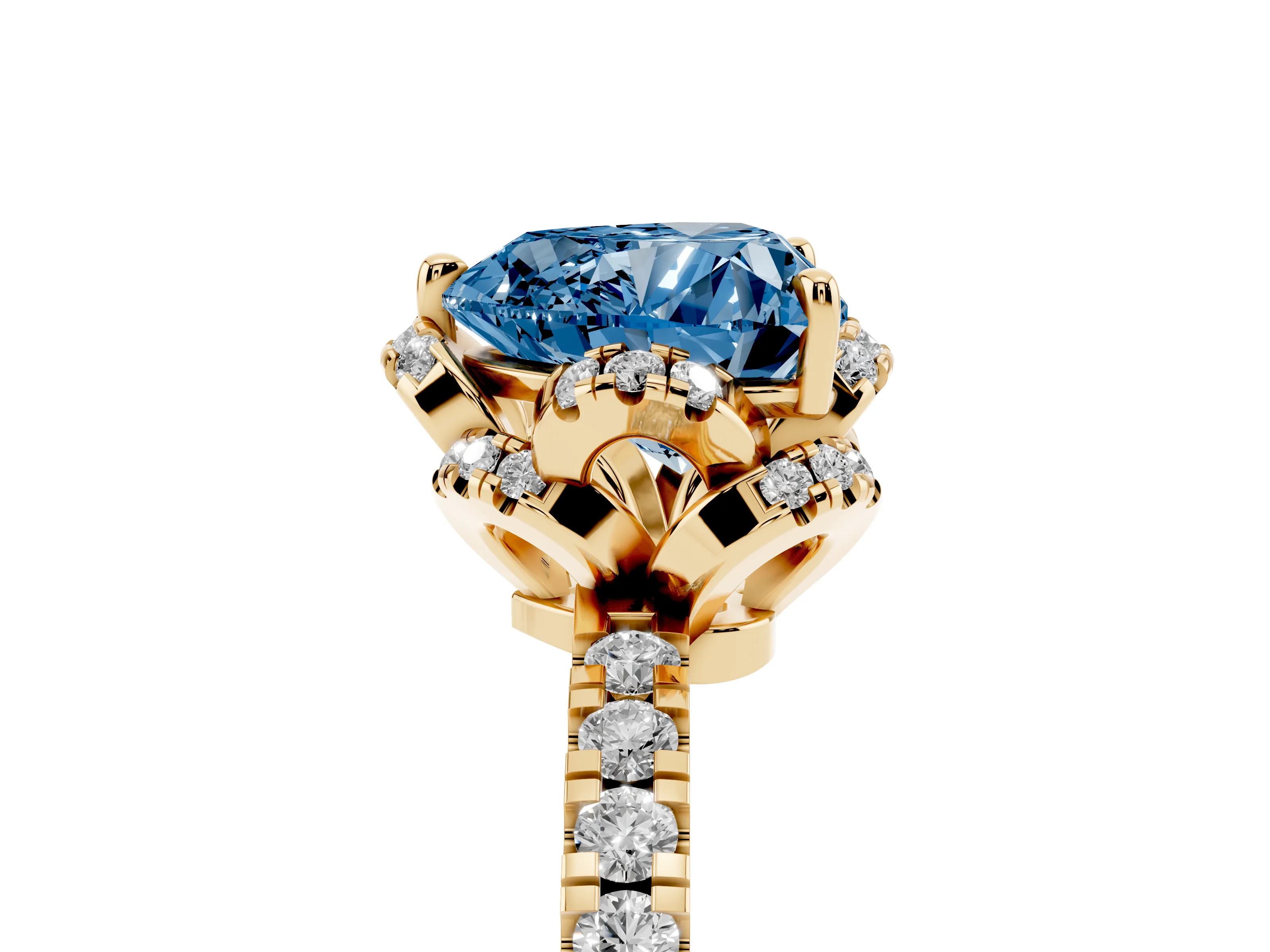 Fancy Blue Heart Cut Diamond Halo Pavé Band Ring Set in Yellow gold with Prong-Held Center
