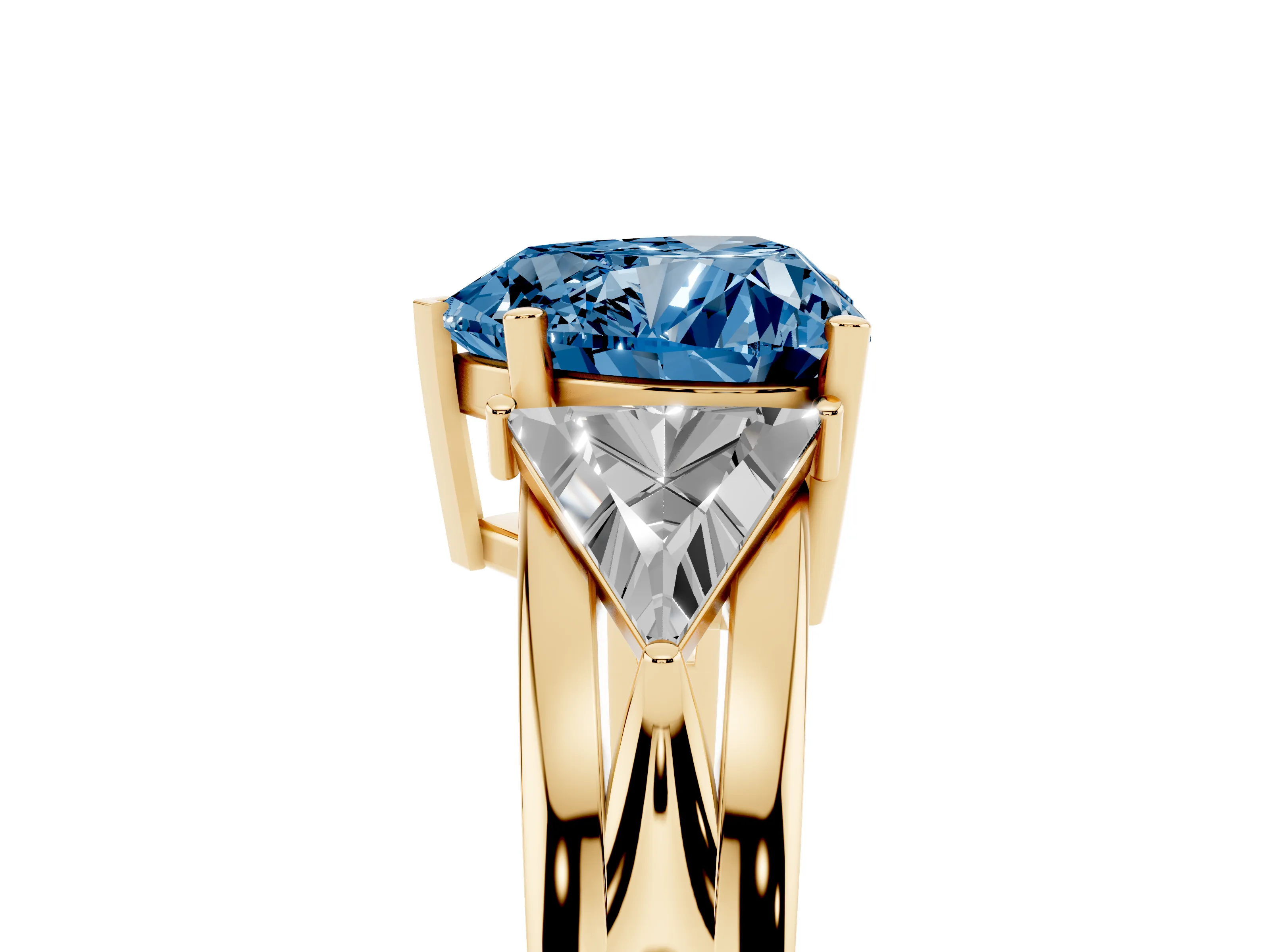 Fancy Blue Heart Cut Diamond Three-Stone Ring Set in Yellow gold with Trillion Side Stones and Split Shank