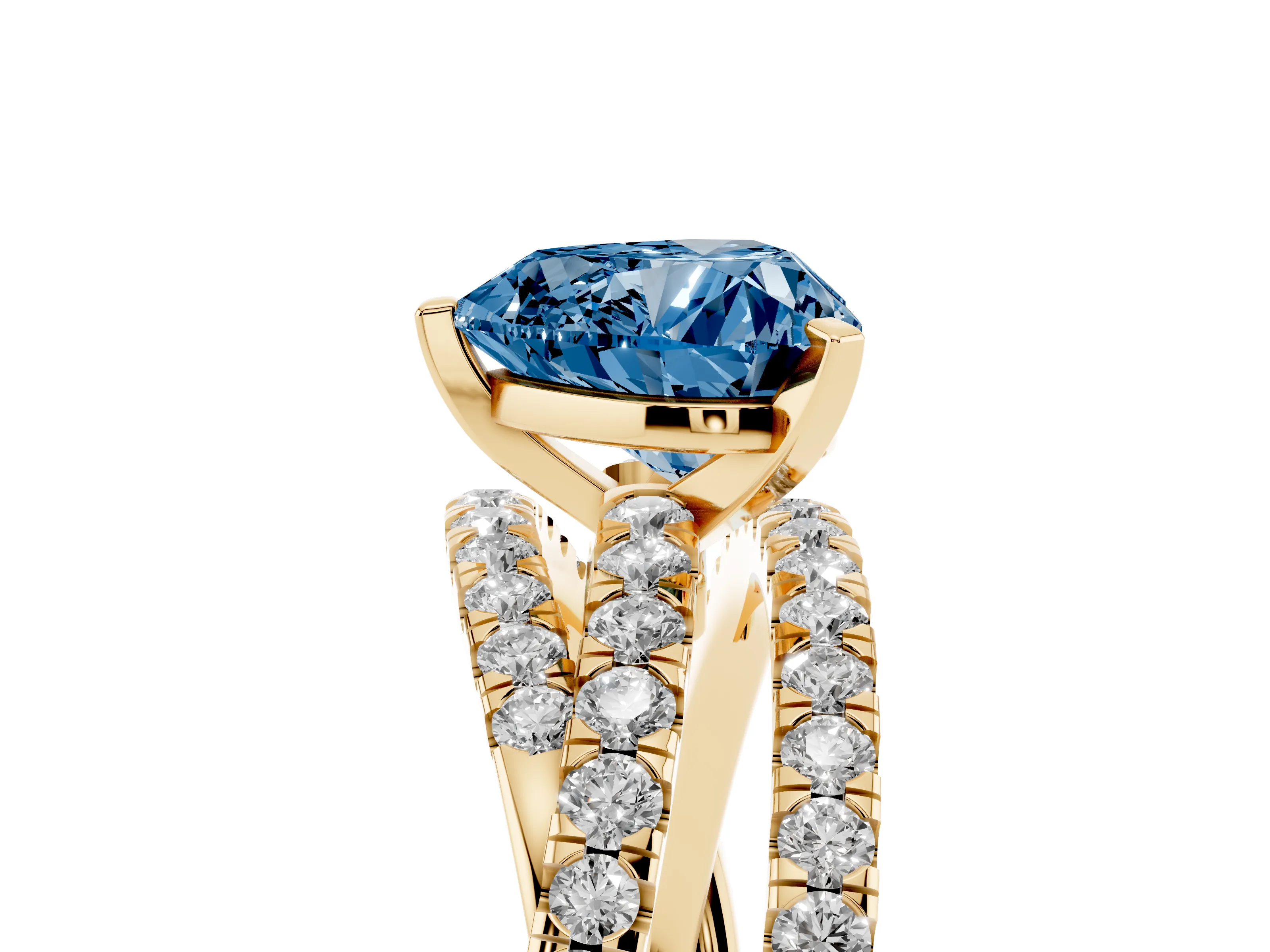 Fancy Blue Heart Cut Diamond Solitaire Twist Band Ring Set in Yellow gold with Pavé Setting and Prong Head
