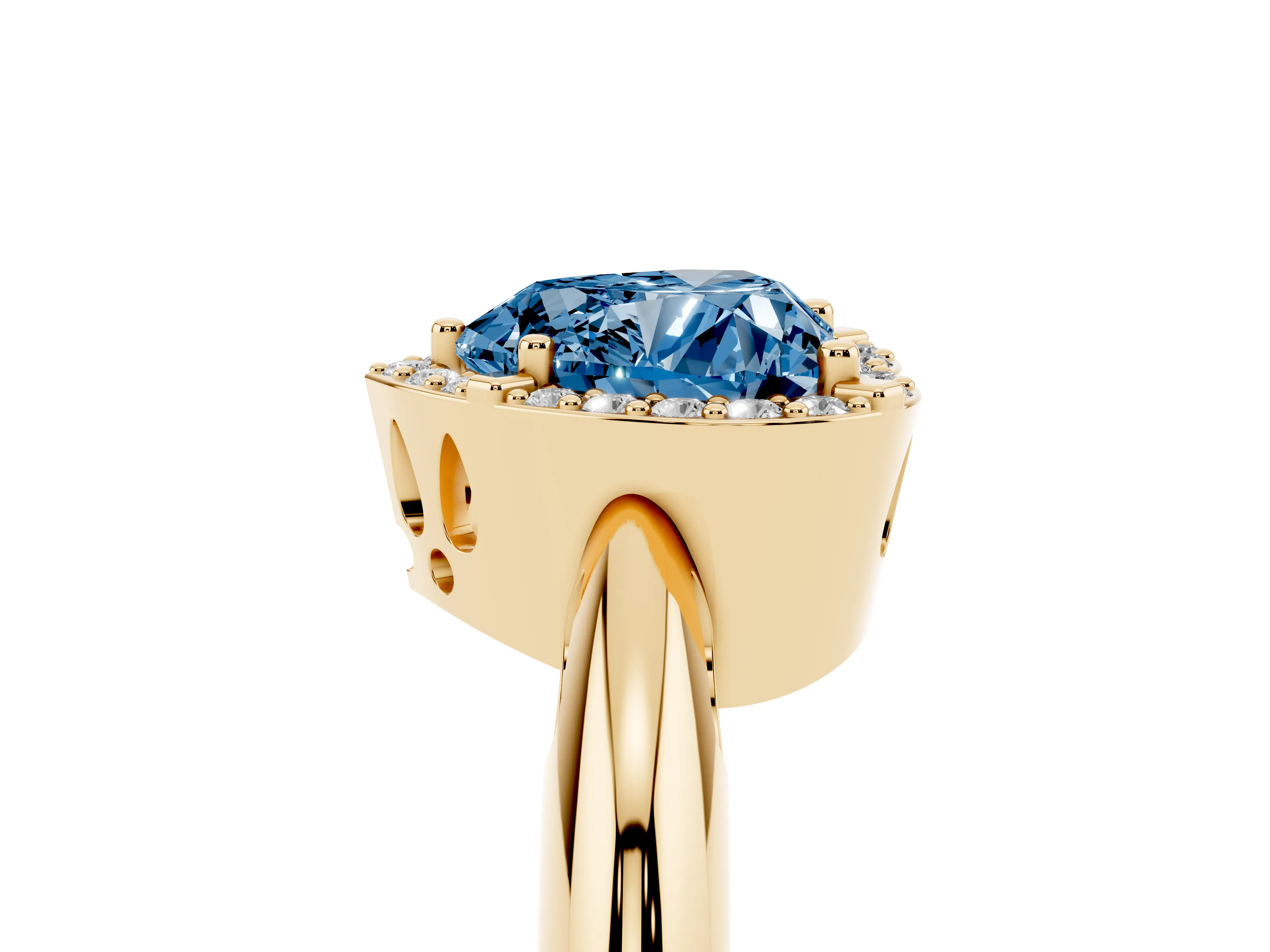 Fancy Blue Heart Cut Diamond Halo Engagement Ring Set in Yellow gold with Plain Split Shank and Prong Setting