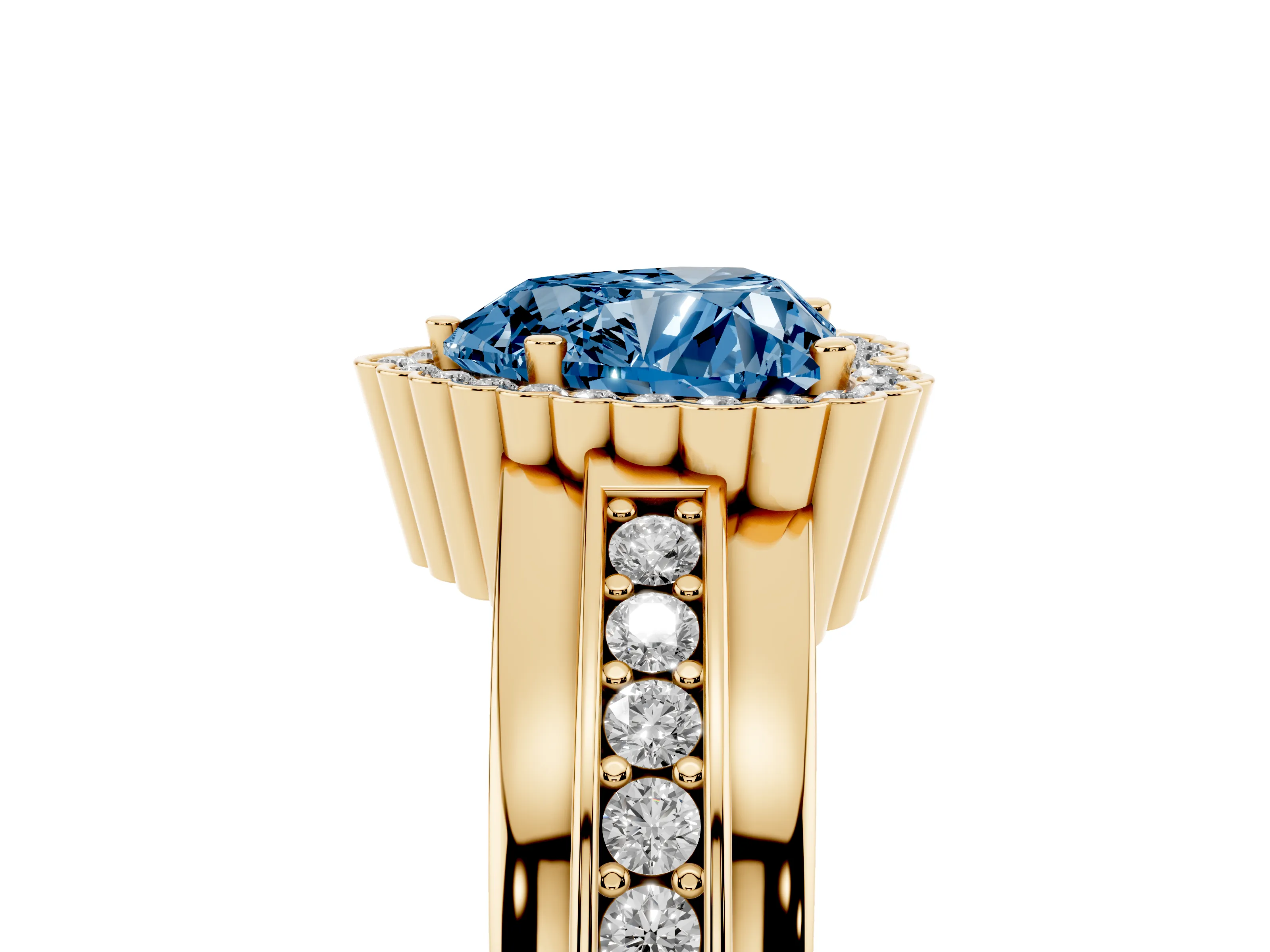 Fancy Blue Heart Cut Diamond Halo Prong Ring Set in Yellow gold with Pavé Band