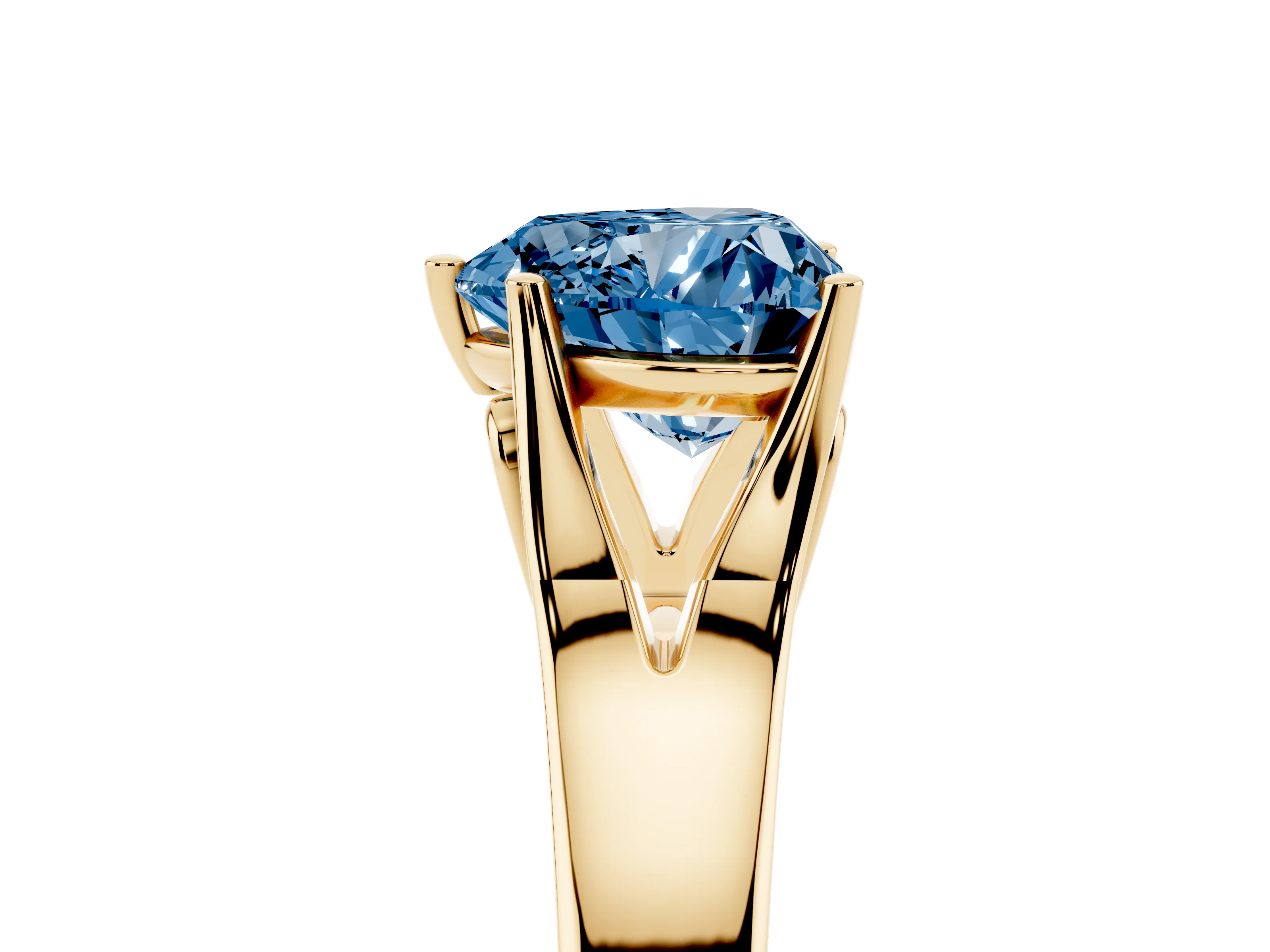 Fancy Blue Heart Cut Diamond Solitaire Ring Set in Yellow gold with Arched Cathedral Band and Prong Setting