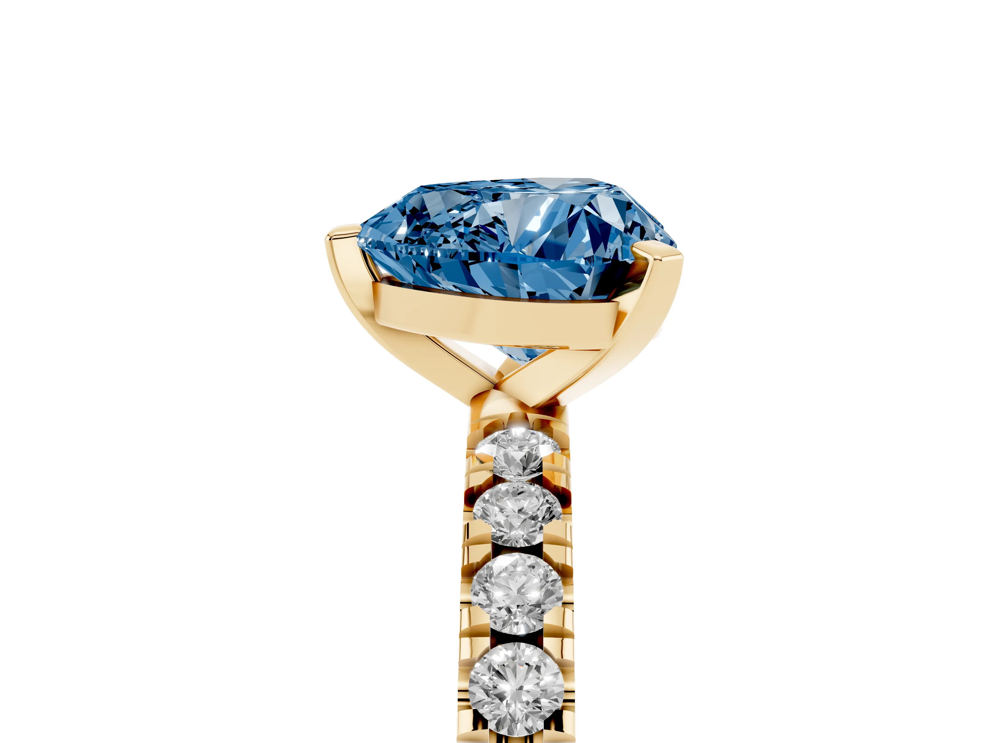 Fancy Blue Heart Cut Diamond Pavé Band Solitaire Set in Yellow gold with Prong Setting