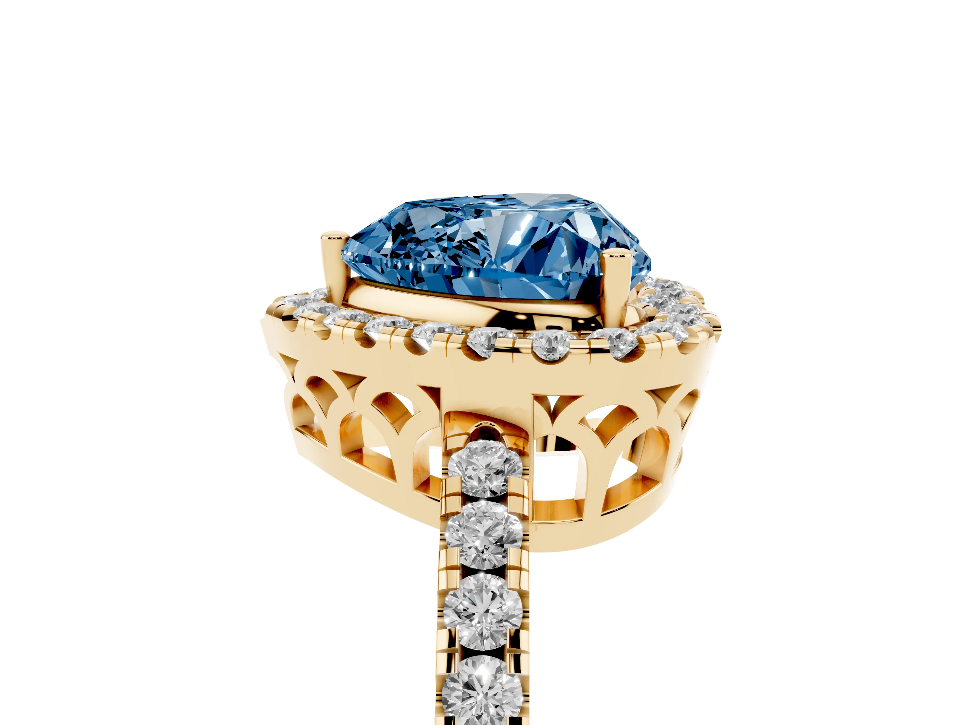 Fancy Blue Heart Cut Diamond Pavé Band Halo Engagement Ring Set in Yellow gold with Prong Setting