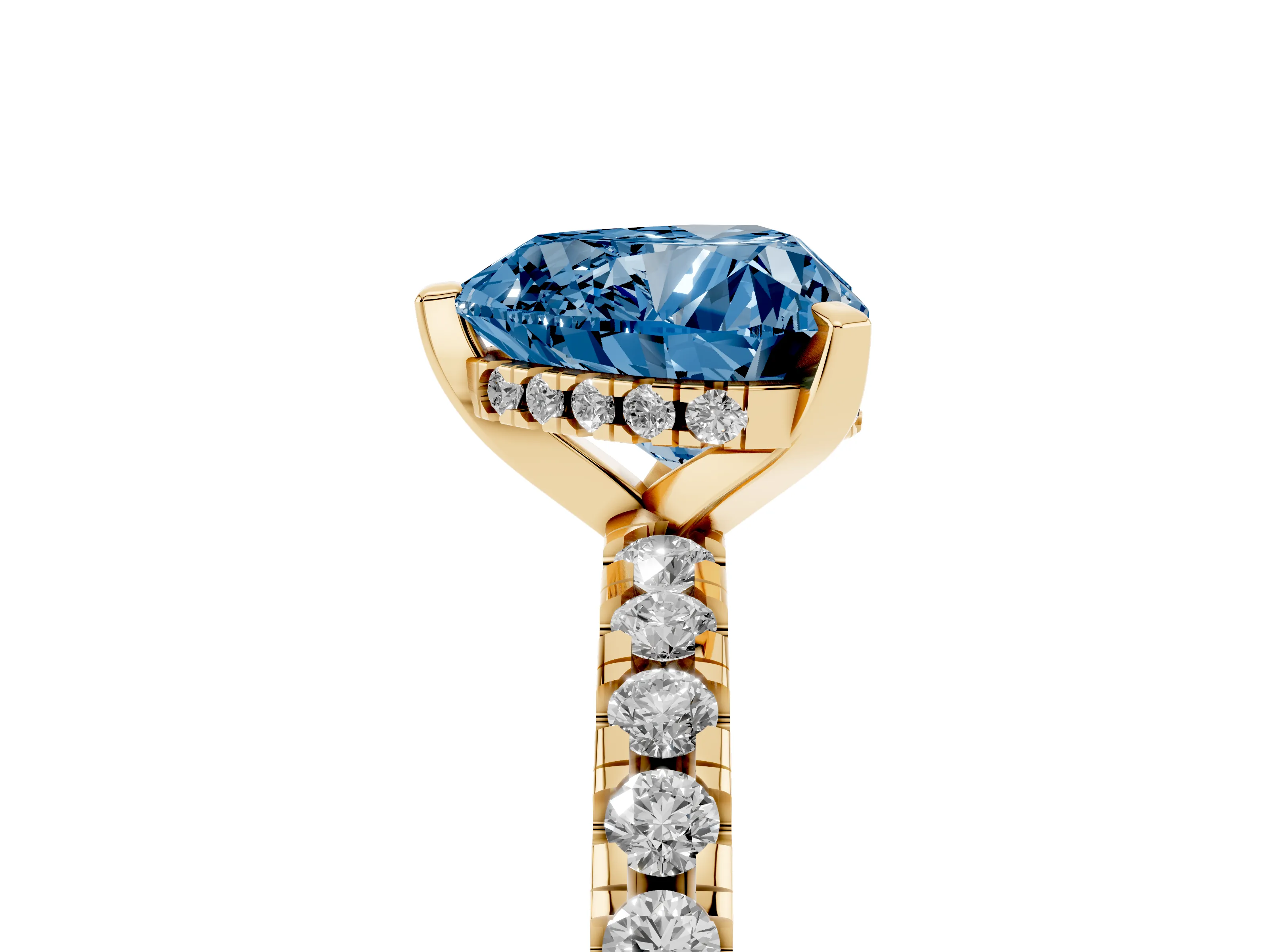 Fancy Blue Heart Cut Diamond Pavé Solitaire Ring Set in Yellow gold with Round Band Accents and Prong Setting