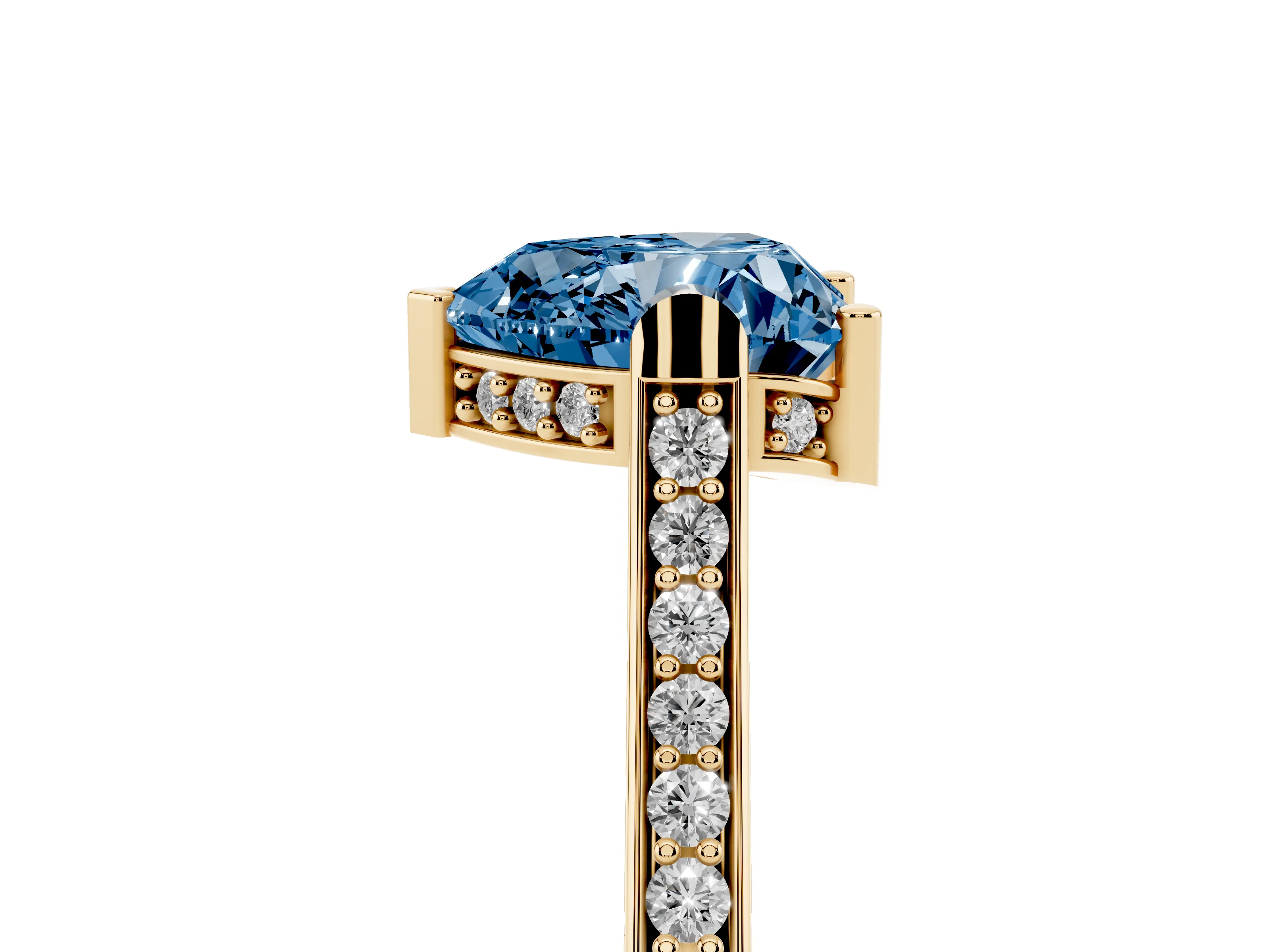 Fancy Blue Heart Cut Diamond Solitaire Ring Set in Yellow gold with Channel Set Band and Bezel Prong Setting