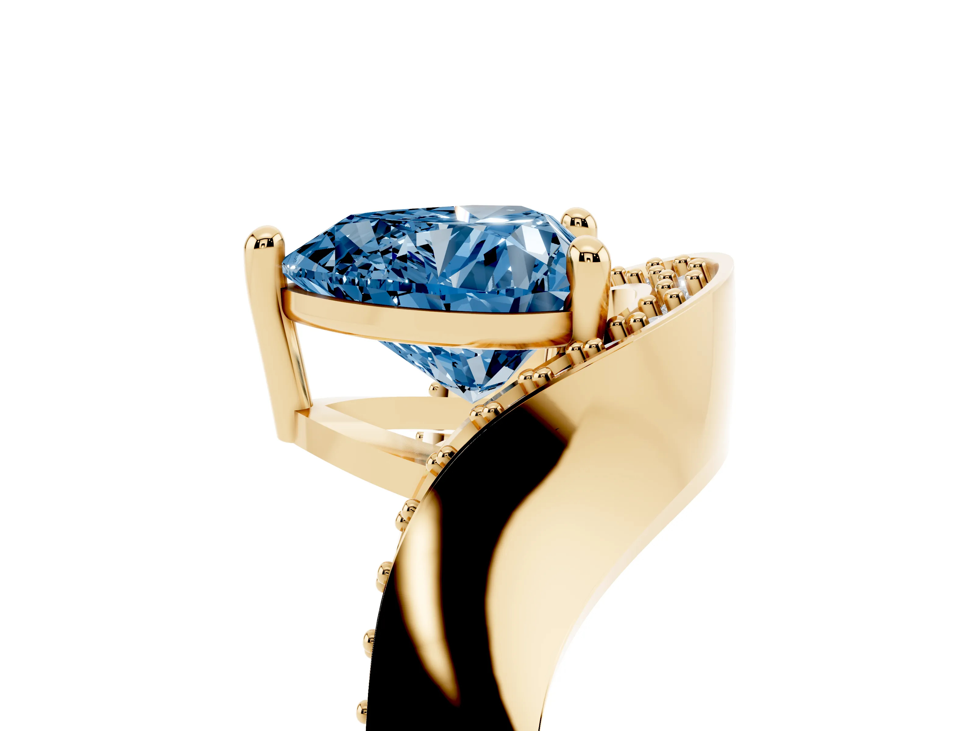 Fancy Blue Heart Cut Diamond Solitaire Engagement Ring Set in Yellow gold with Pavé Shoulders