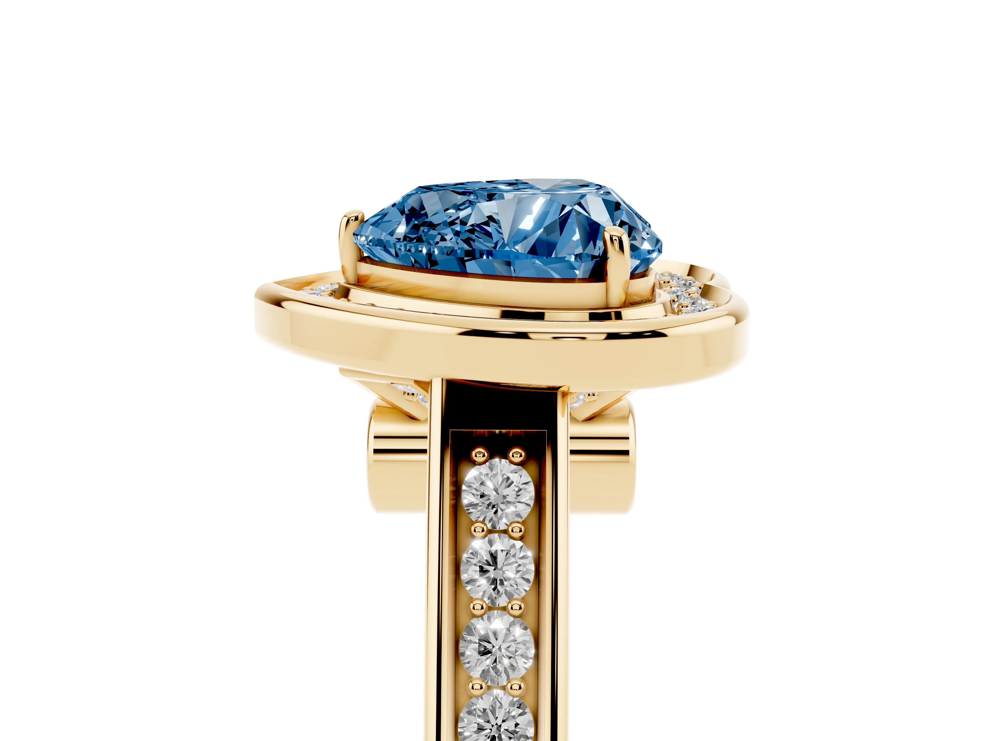 Fancy Blue Heart Cut Diamond Halo Solitaire Ring Set in Yellow gold with Pavé Band and Bezel Setting