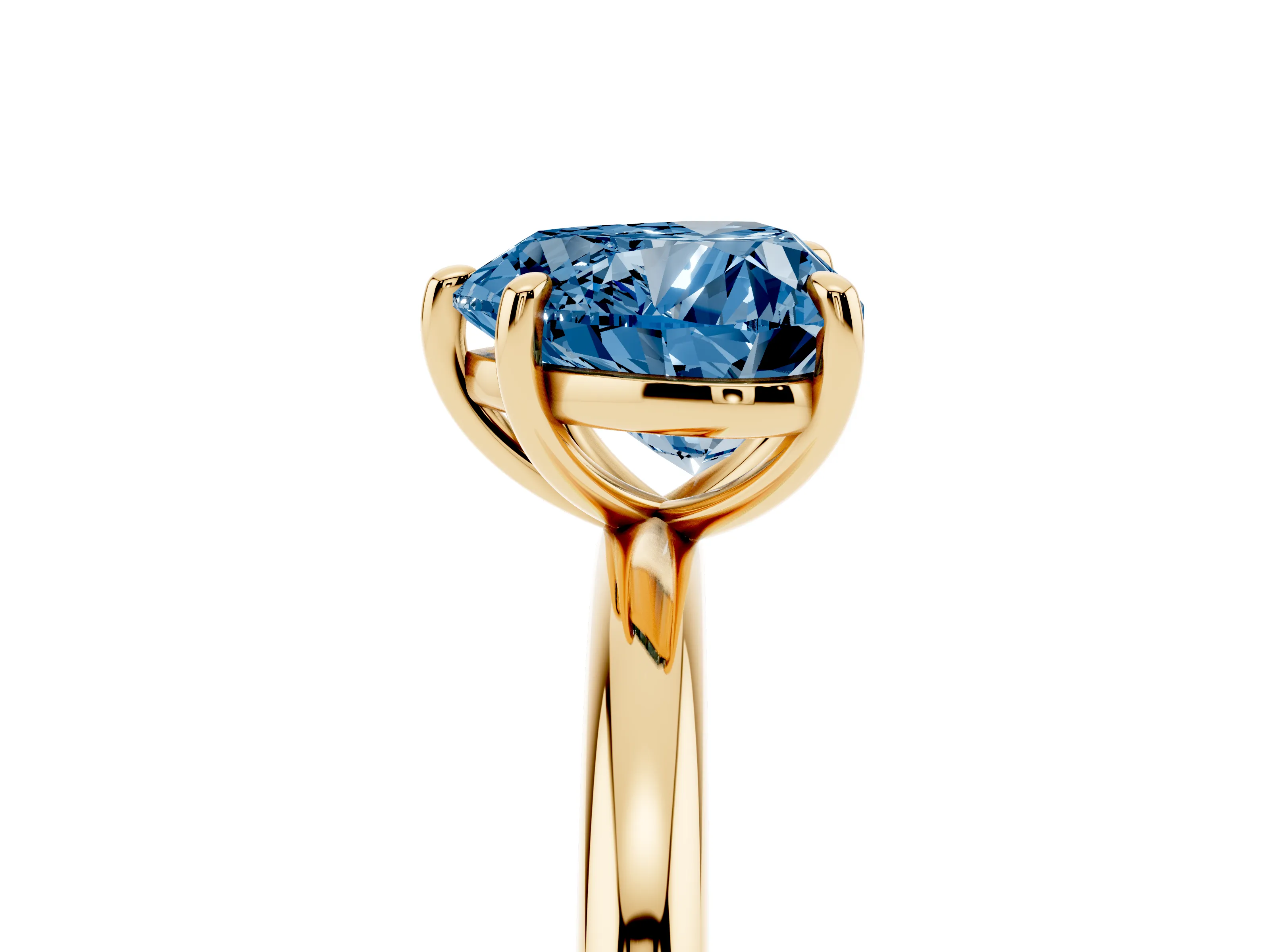 Fancy Blue Heart Cut Diamond Solitaire Ring Set in Yellow gold with Prong Setting on a Polished Plain Band