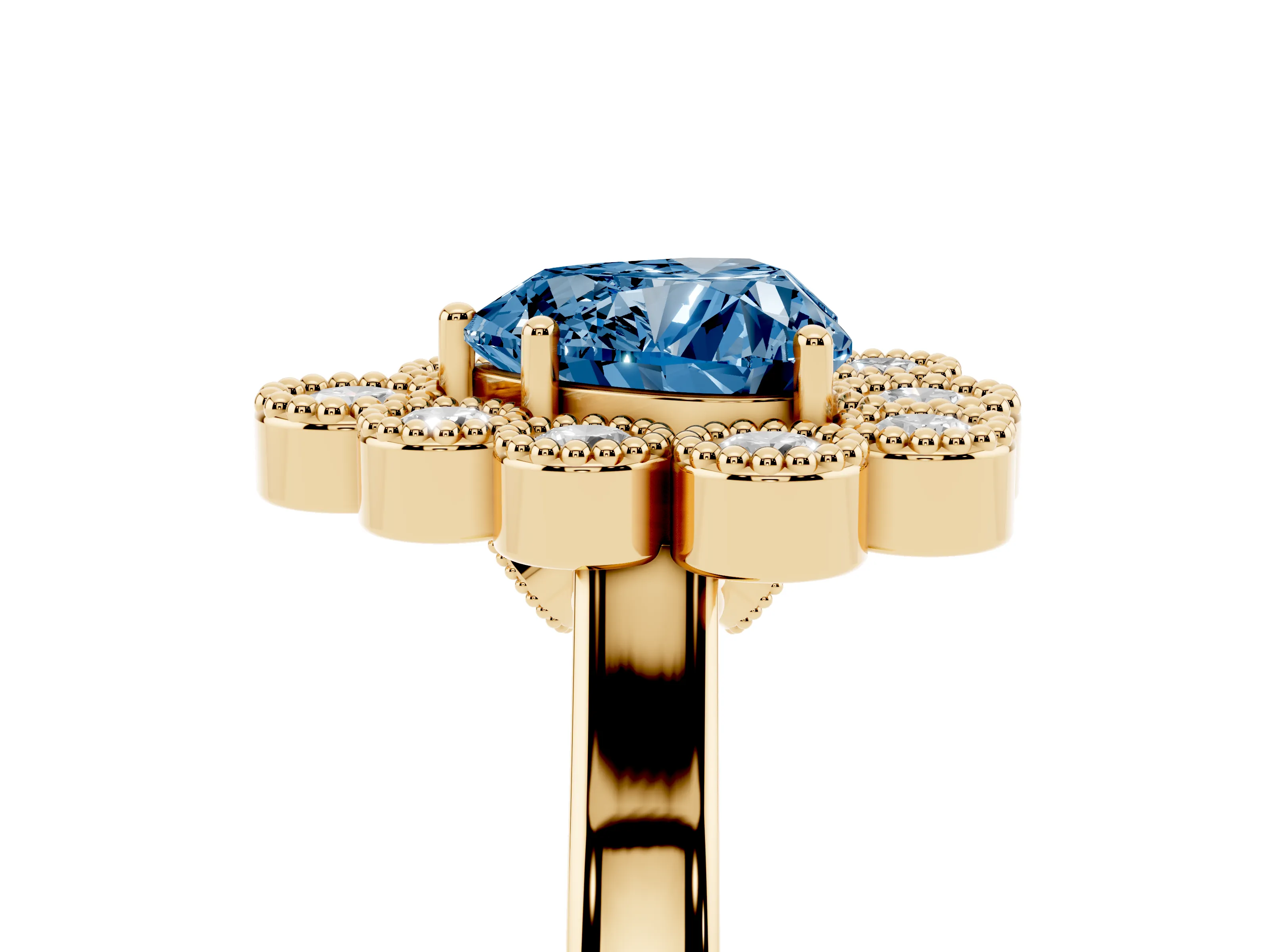Fancy Blue Heart Cut Diamond Cluster Halo Ring Set in Yellow gold with Milgrain Bezel Accents and Plain Band