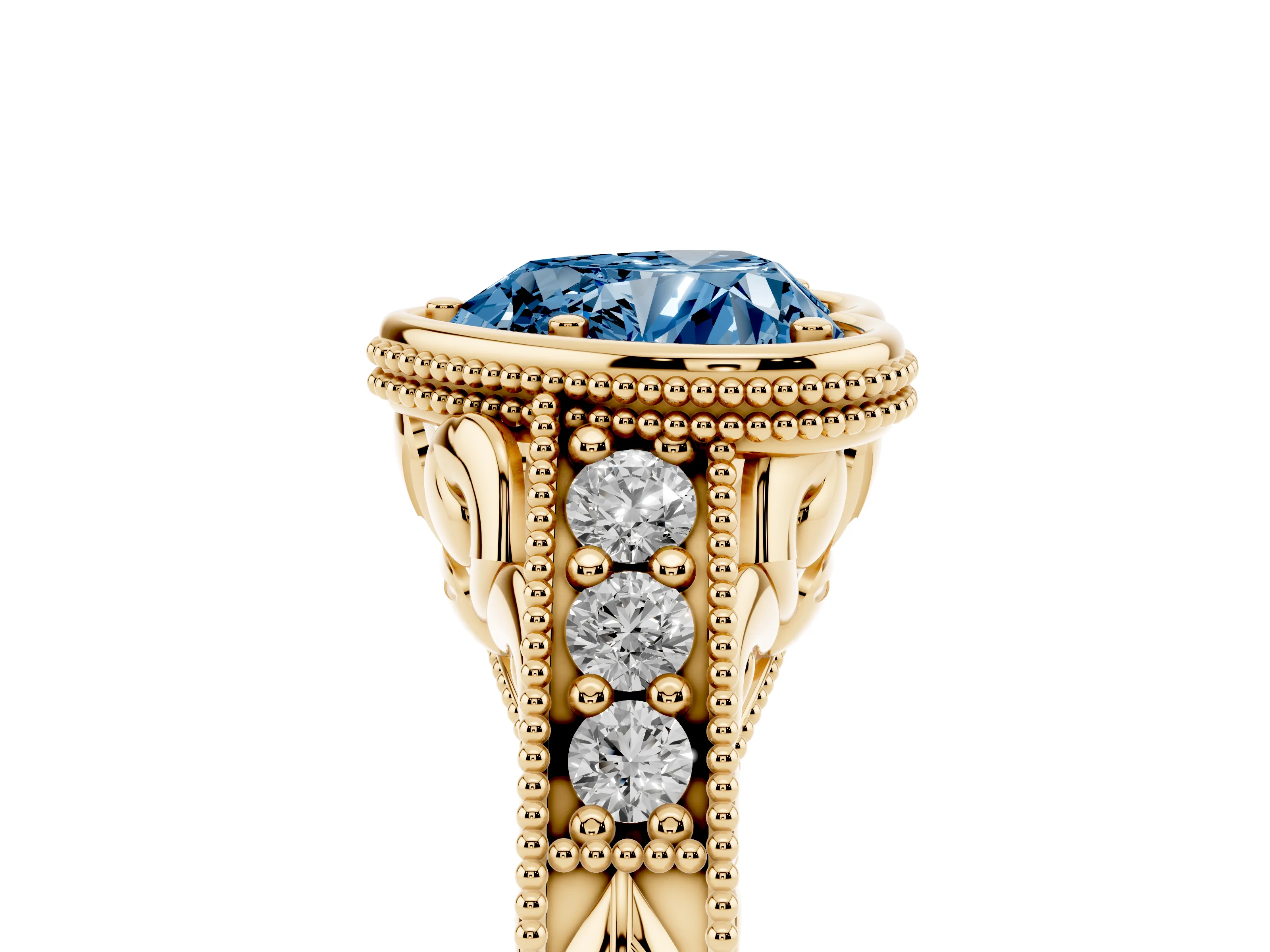 Fancy Blue Bezel Set Heart Cut Diamond Milgrain Pavé Engagement Ring Set in Yellow gold