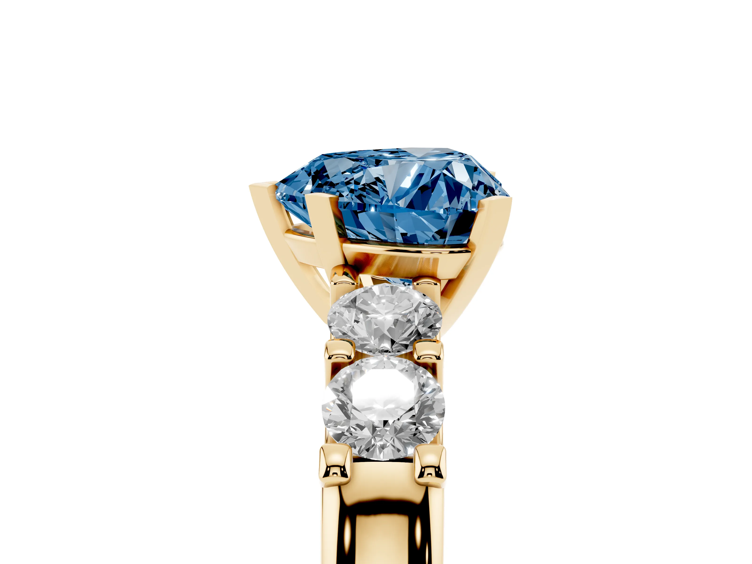 Fancy Blue Heart Cut Diamond Five-Stone Prong Set Engagement Ring Set in Yellow gold with Channel Band