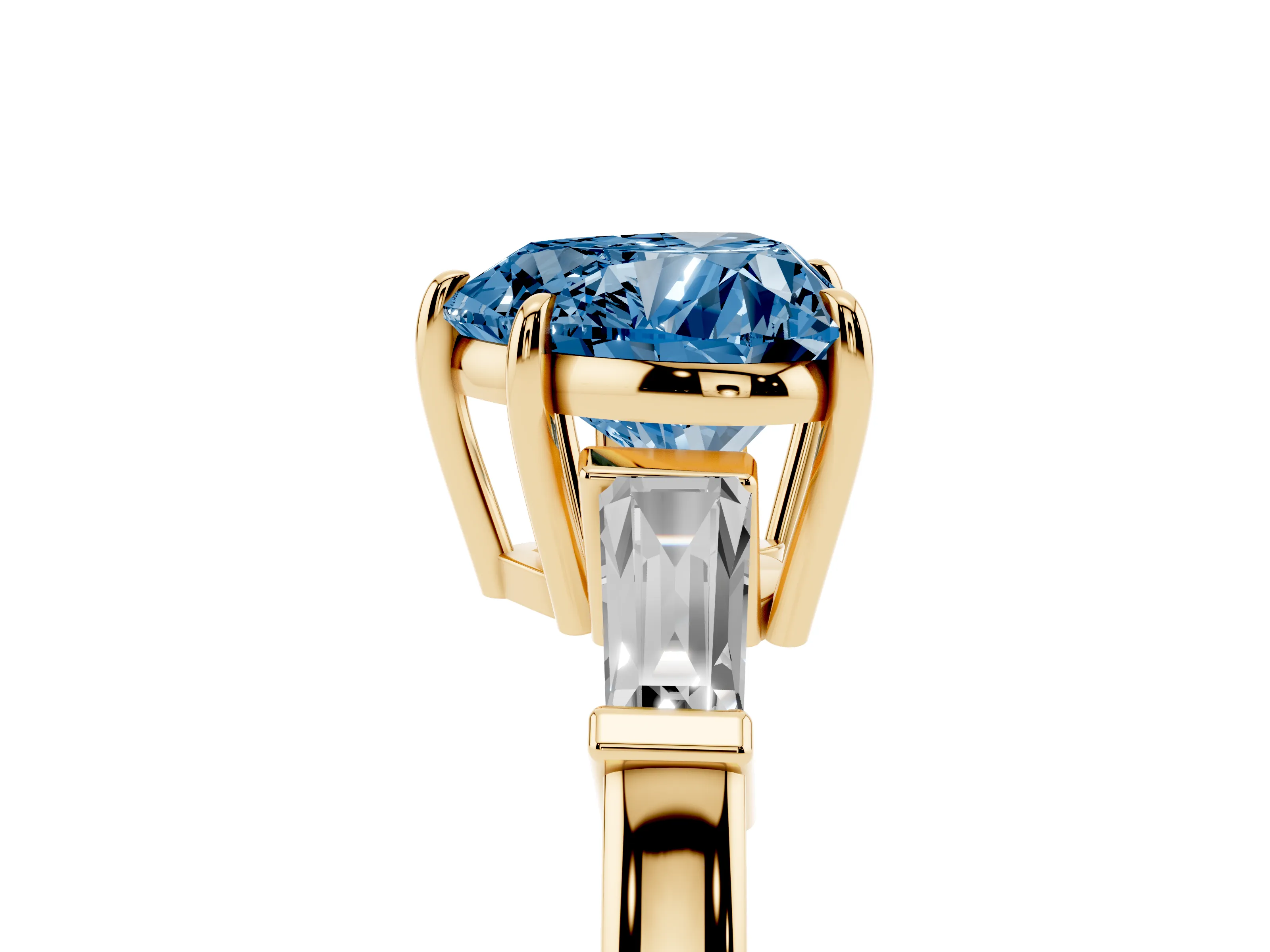 Fancy Blue Heart Cut Diamond Three-Stone Ring Set in Yellow gold with Tapered Baguette Side Stones and Prong Setting