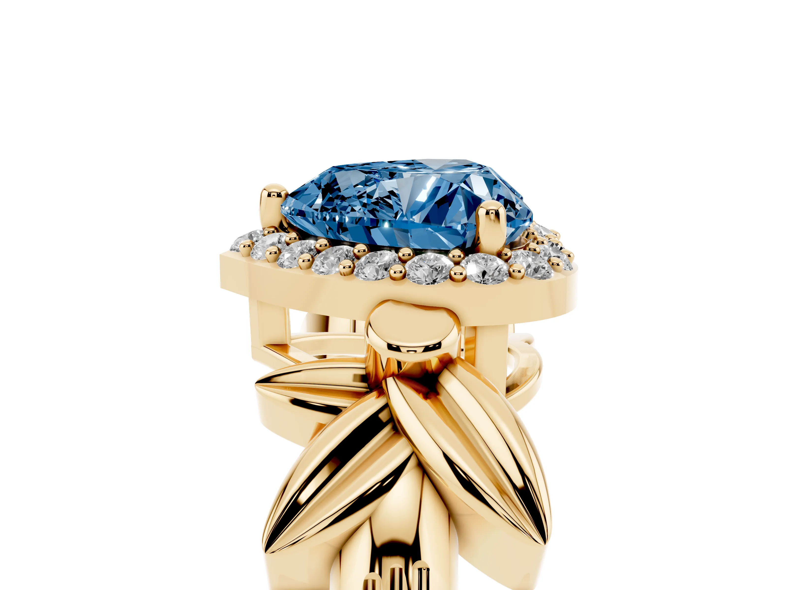 Fancy Blue Heart Cut Diamond Halo Floral Band Ring Set in Yellow gold with Prong Setting
