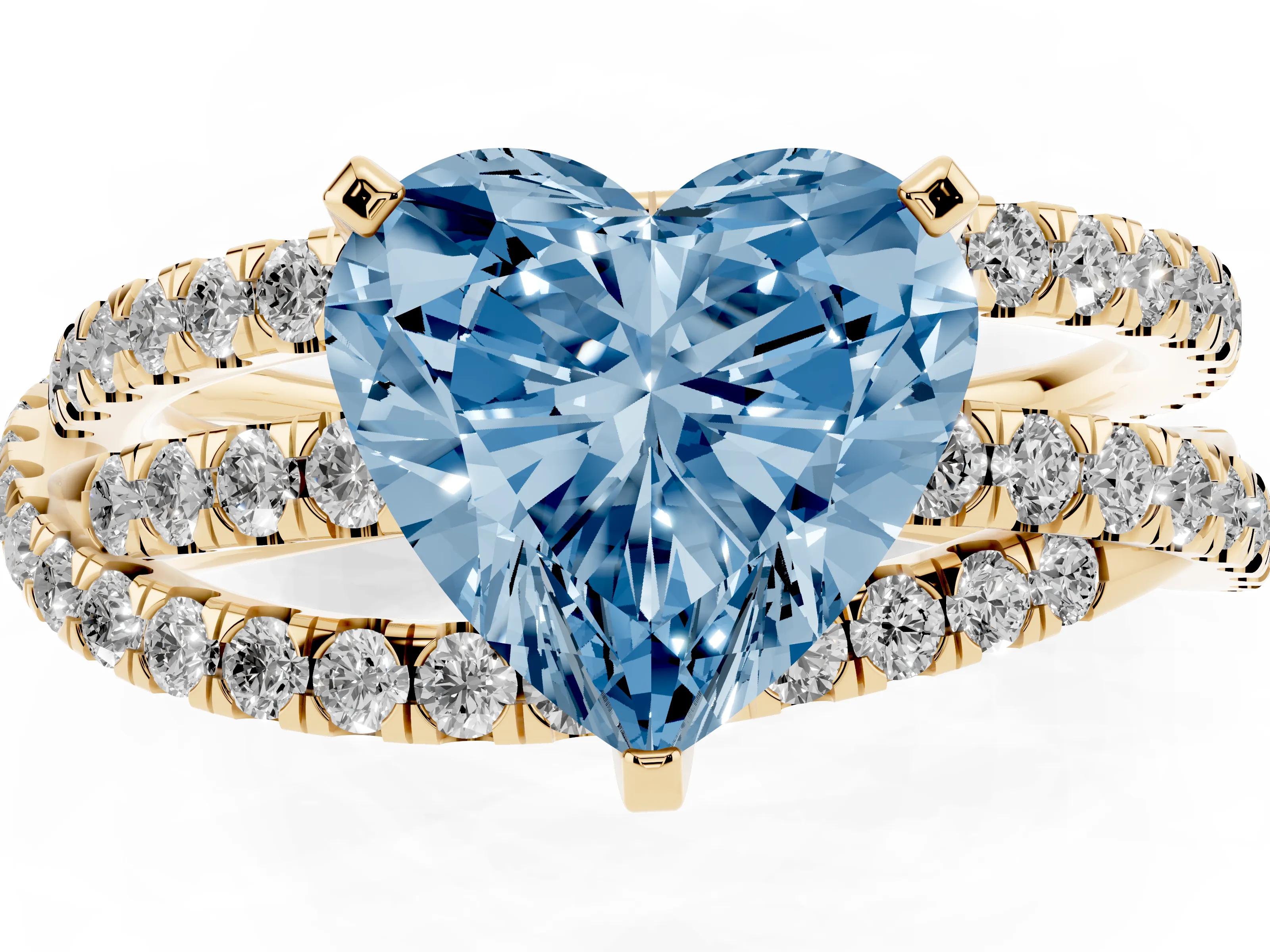 Fancy Blue Heart Cut Diamond Solitaire Twist Band Ring Set in Yellow gold with Pavé Setting and Prong Head