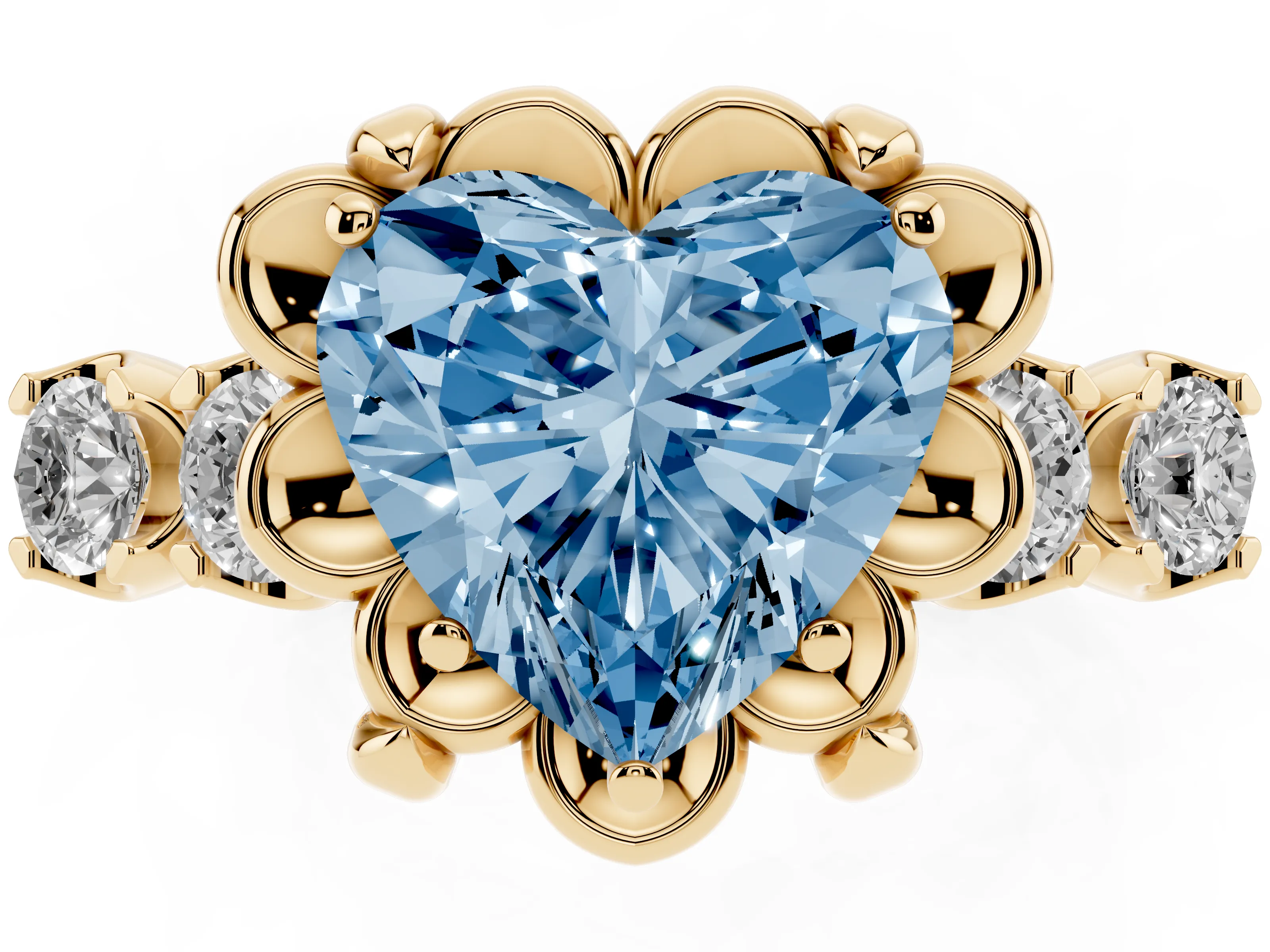 Fancy Blue Heart Cut Diamond Floral Halo Ring Set in Yellow gold with Shared Prong Band