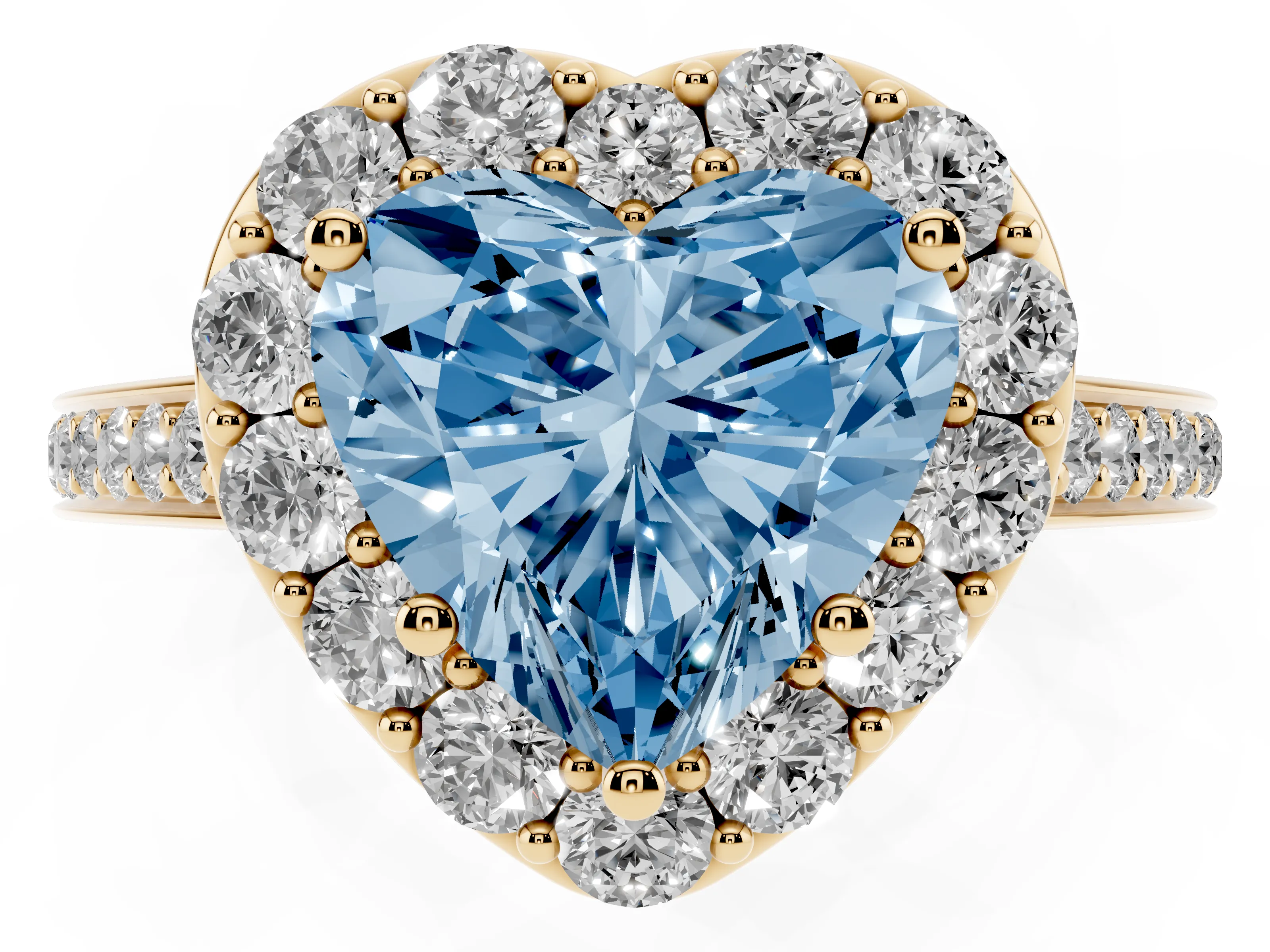 Fancy Blue Heart Cut Diamond Floral Halo Ring Set in Yellow gold with Pavé Band and Prong Setting