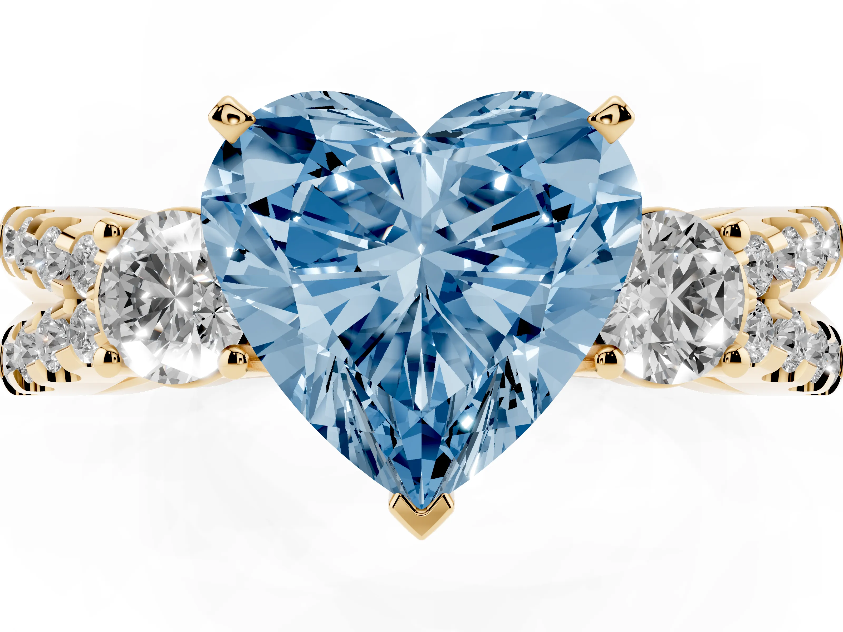 Fancy Blue Heart Cut Diamond Three-Stone Ring Set in Yellow gold with Pavé Split Shank and Prong Setting