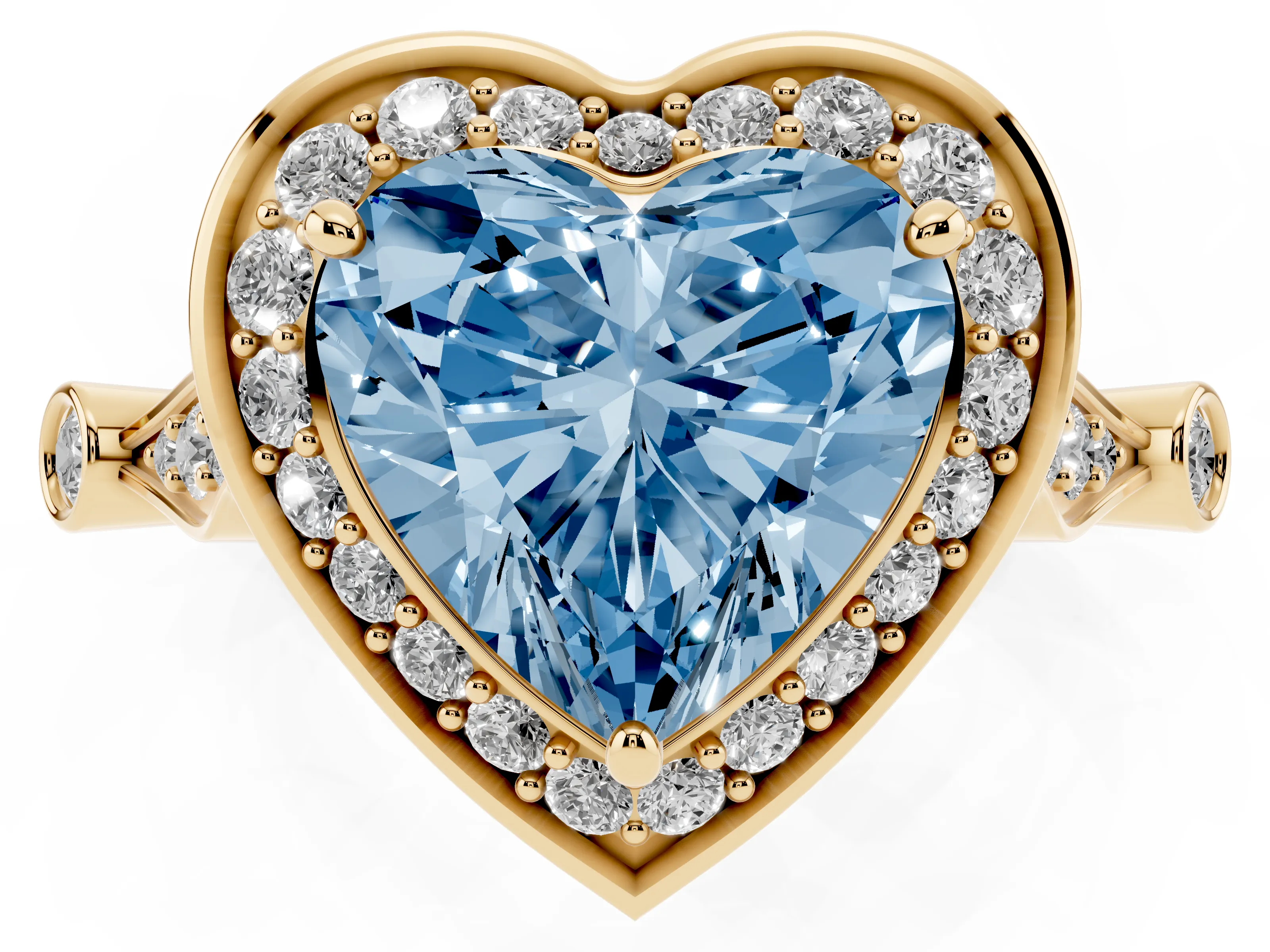 Fancy Blue Heart Cut Diamond Halo Engagement Ring Set in Yellow gold with Twisted Band and Prong Setting