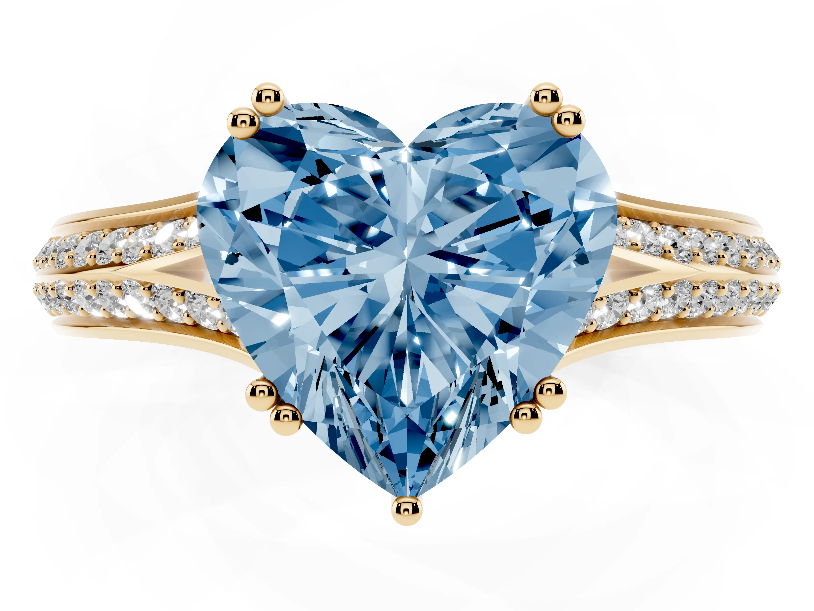 Fancy Blue Heart Cut Diamond Split Shank Pavé Engagement Ring Set in Yellow gold with Prong-Set Center Stone