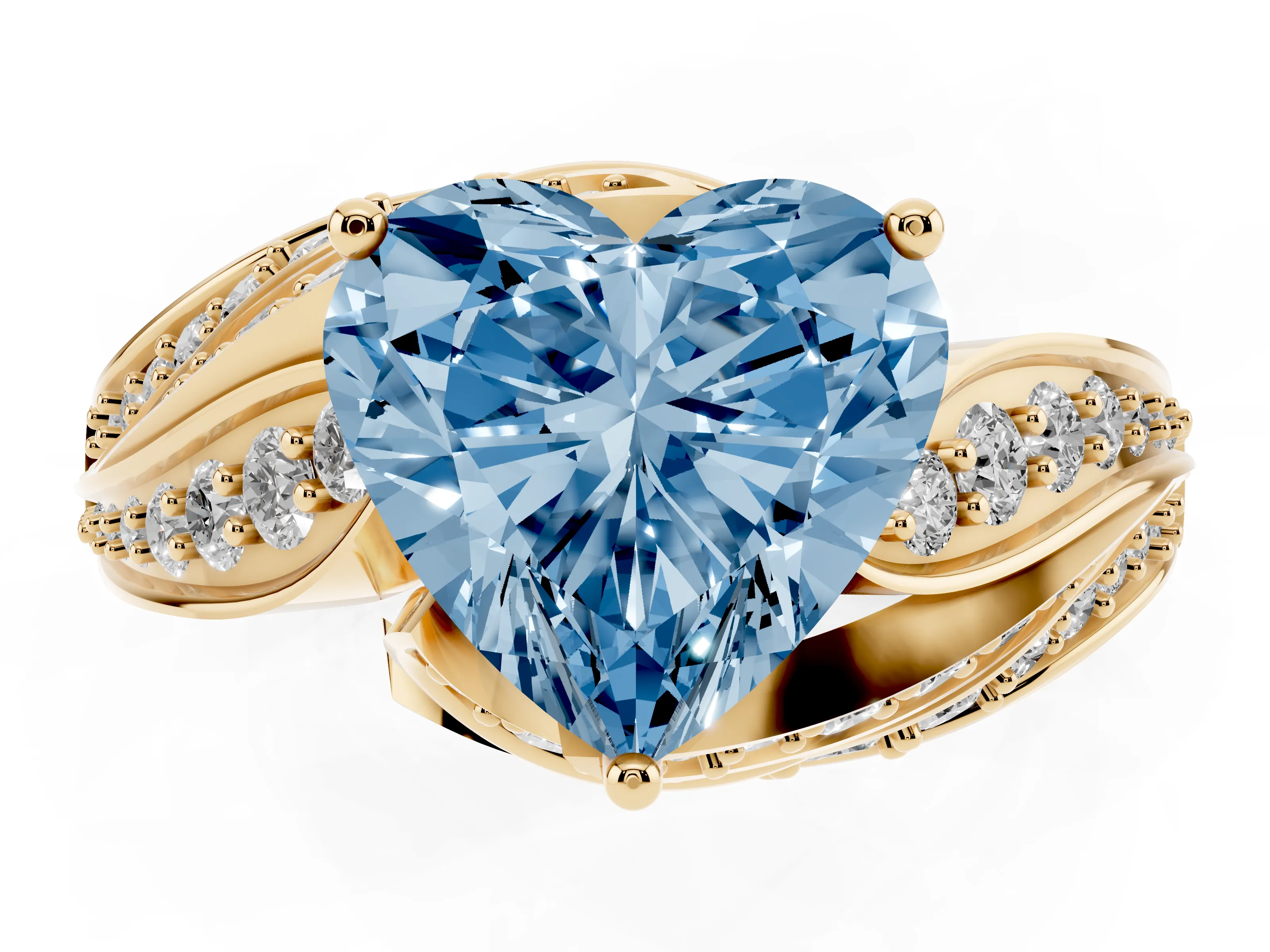 Fancy Blue Heart Cut Diamond Solitaire Ring Set in Yellow gold with Layered Twist Pavé Band