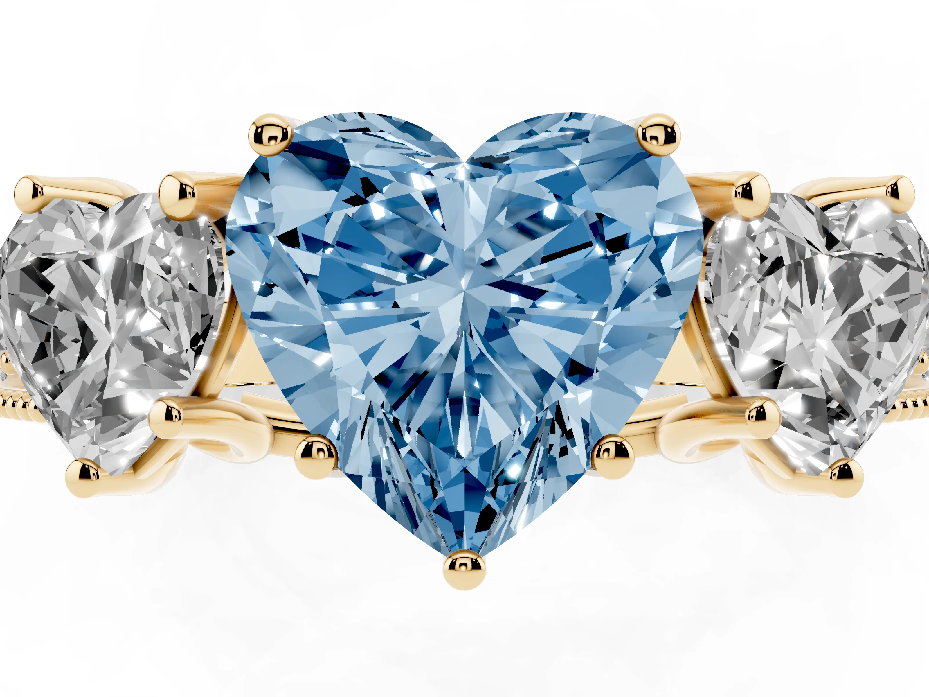 Fancy Blue Heart Cut Diamond Three-Stone Engagement Ring Set in Yellow gold with Milgrain Pavé Band