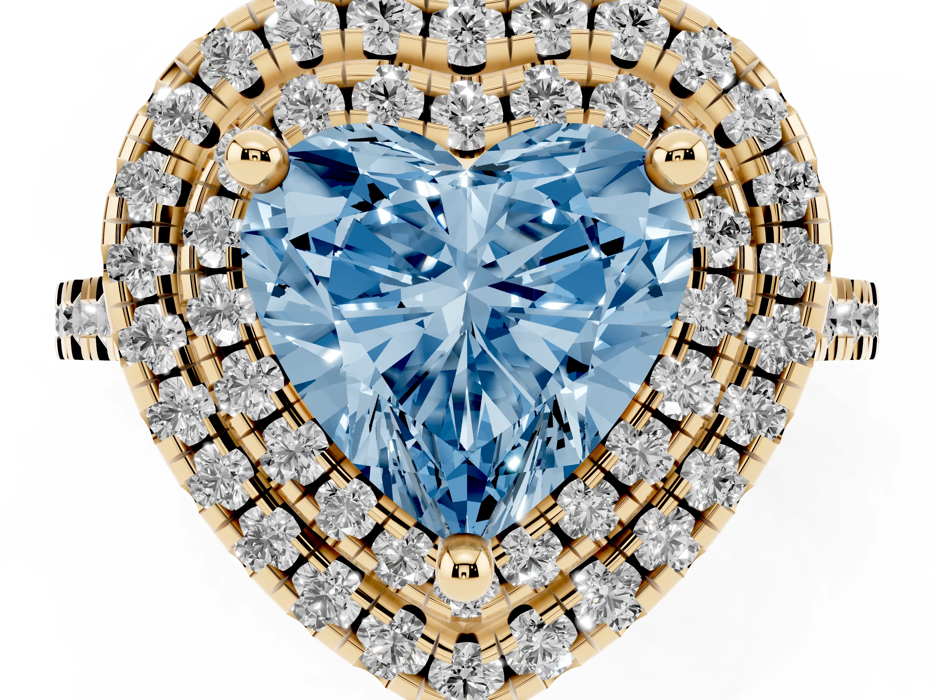Fancy Blue Heart Cut Diamond Double Halo Statement Ring Set in Yellow gold with Pavé Band