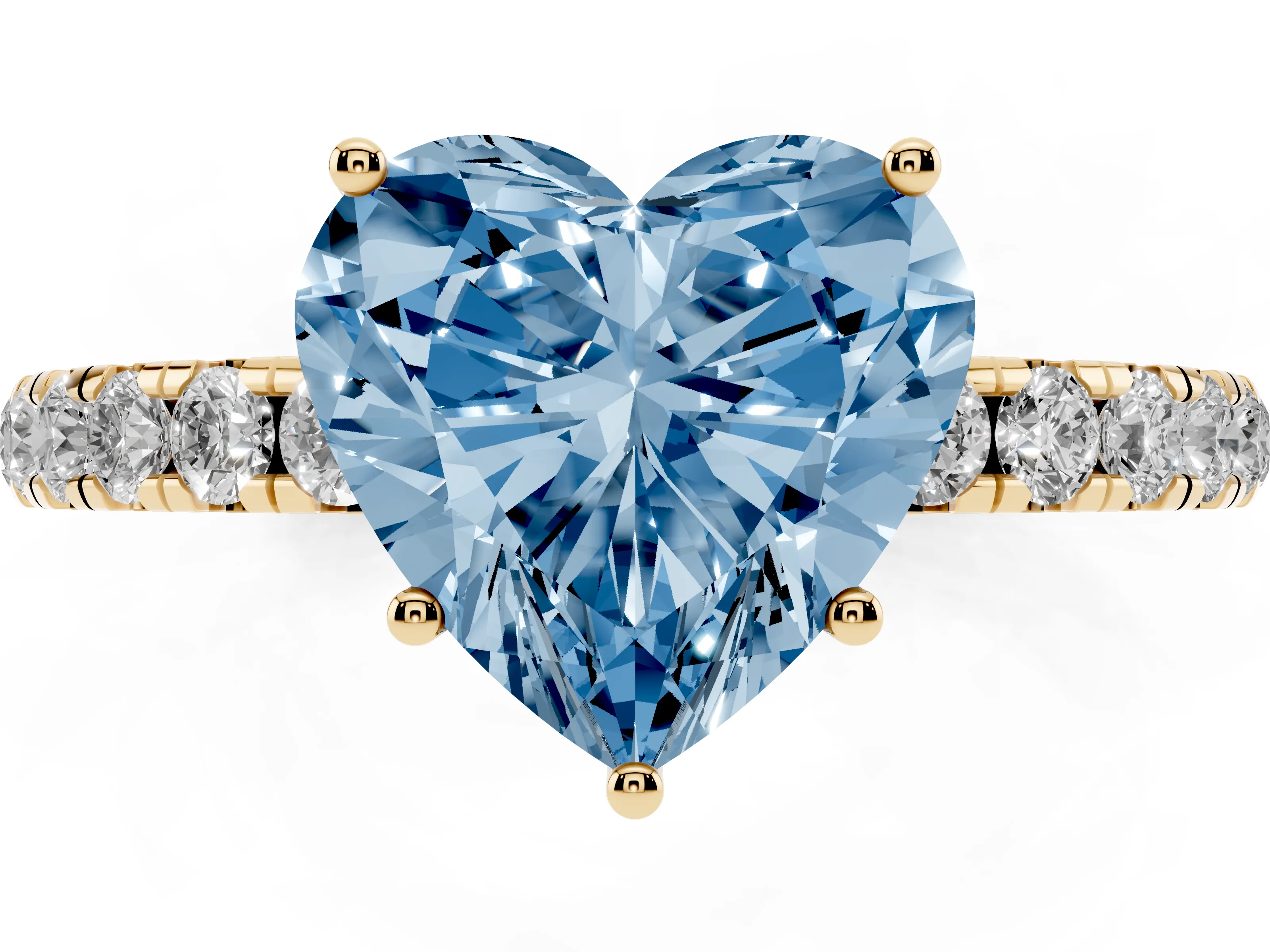 Fancy Blue Heart Cut Diamond Pavé Solitaire Engagement Ring Set in Yellow gold with Prong Setting