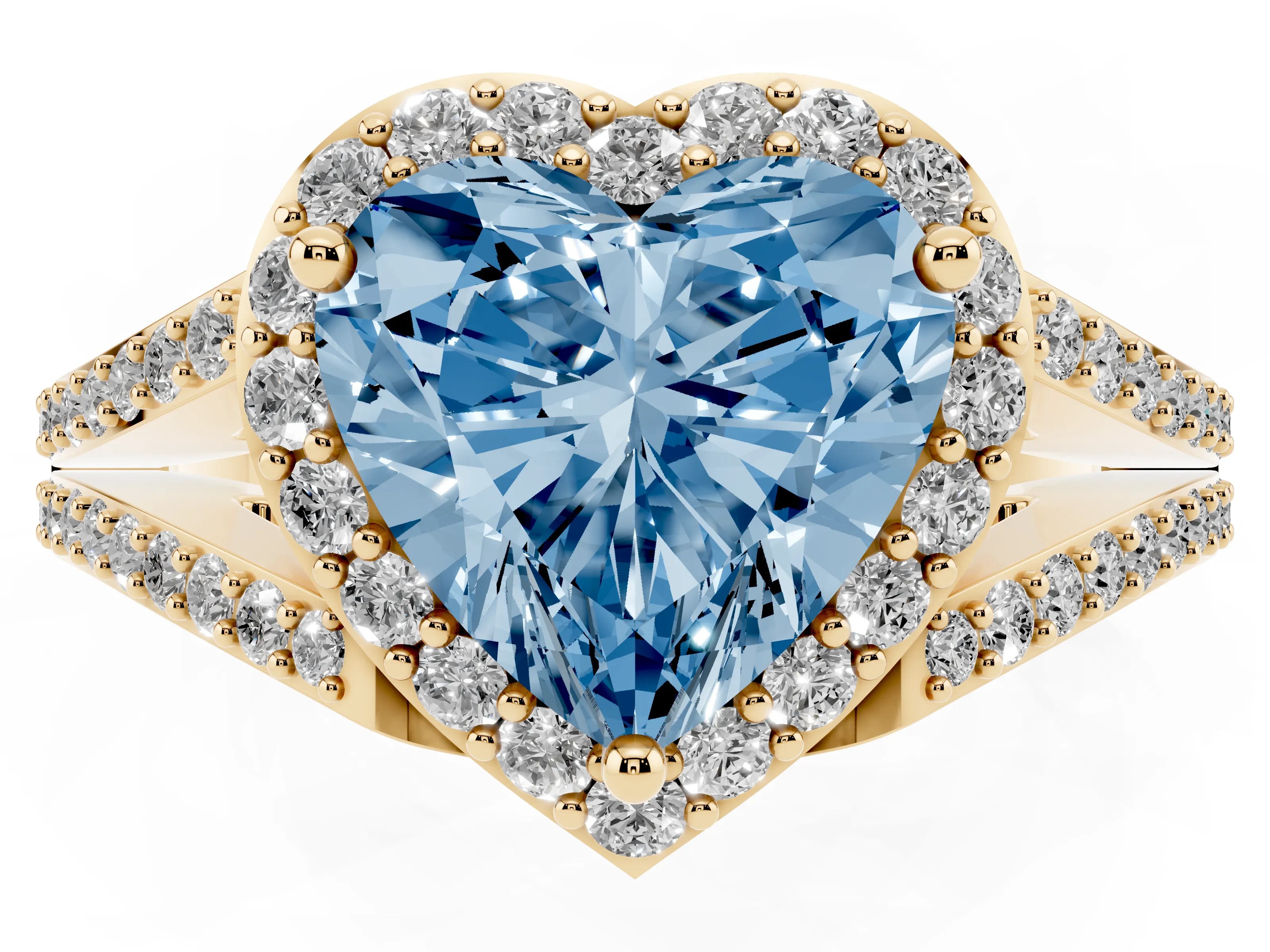 Fancy Blue Heart Cut Diamond Halo Split Shank Pavé Ring Set in Yellow gold with Prong Setting