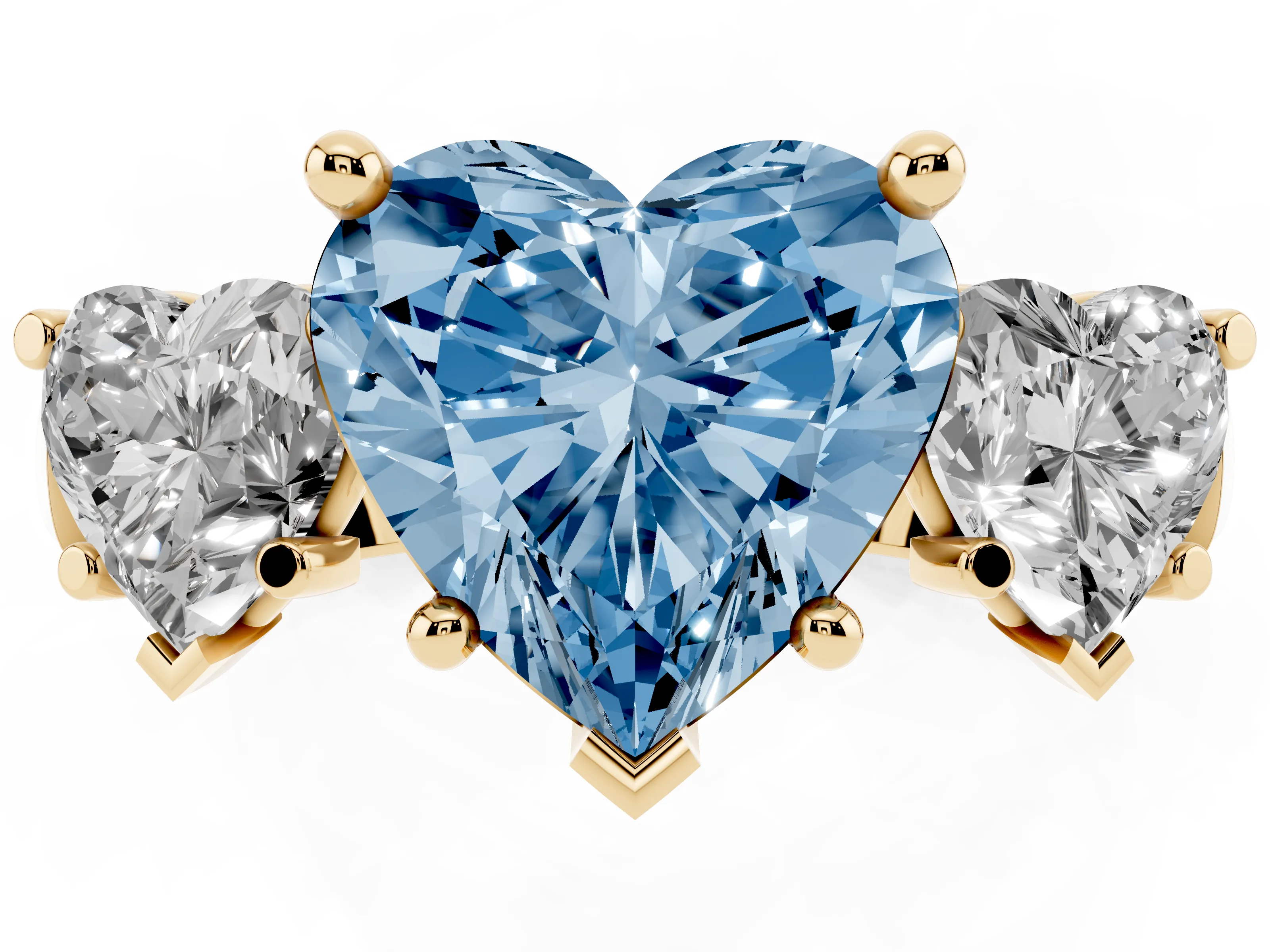 Fancy Blue Heart Cut Diamond Three-Stone Trellis Ring Set in Yellow gold with Comfort Fit Band