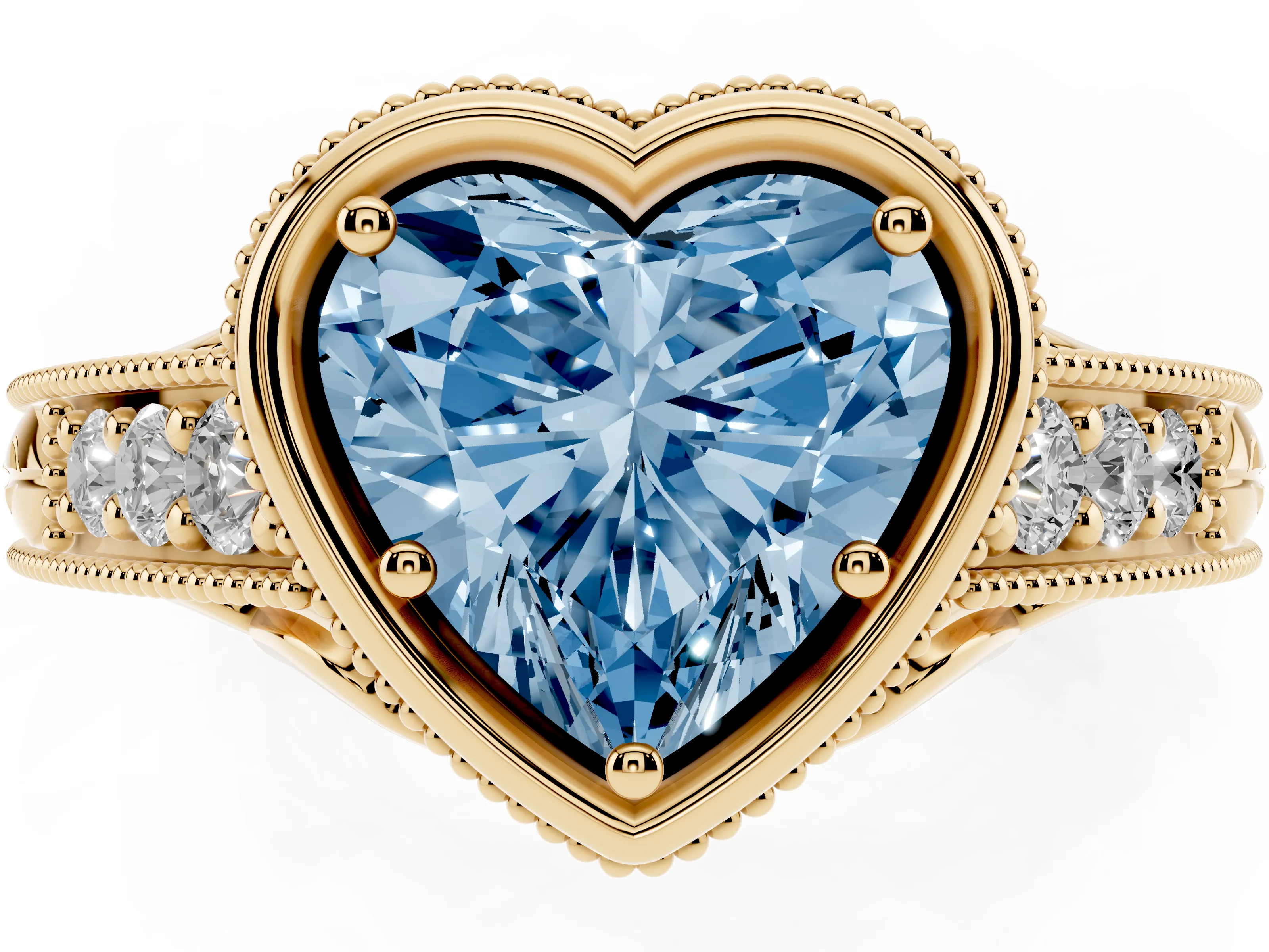 Fancy Blue Bezel Set Heart Cut Diamond Milgrain Pavé Engagement Ring Set in Yellow gold