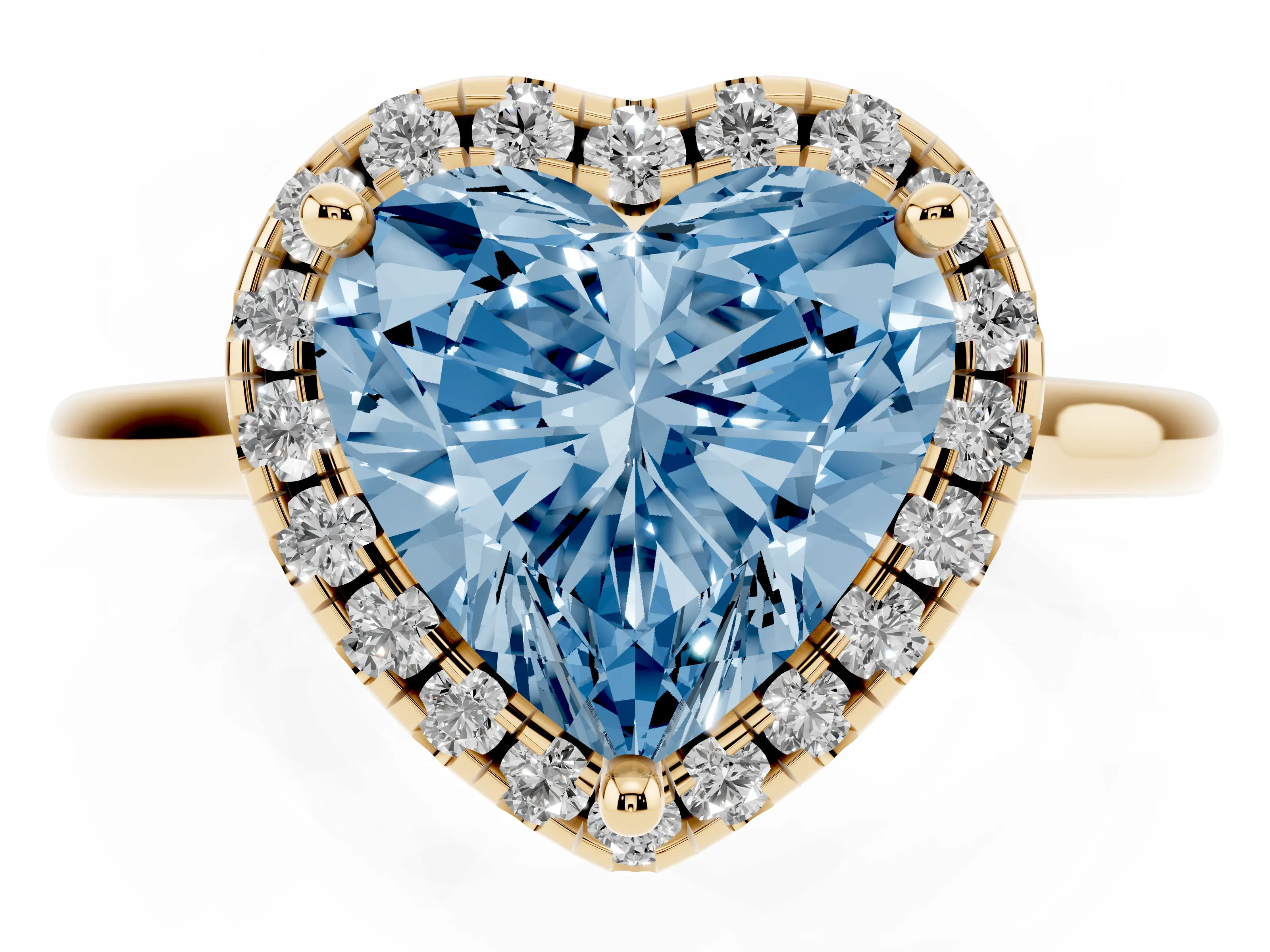 Fancy Blue Heart Cut Diamond Halo Engagement Ring Set in Yellow gold with Pavé Band and Rising Shoulders