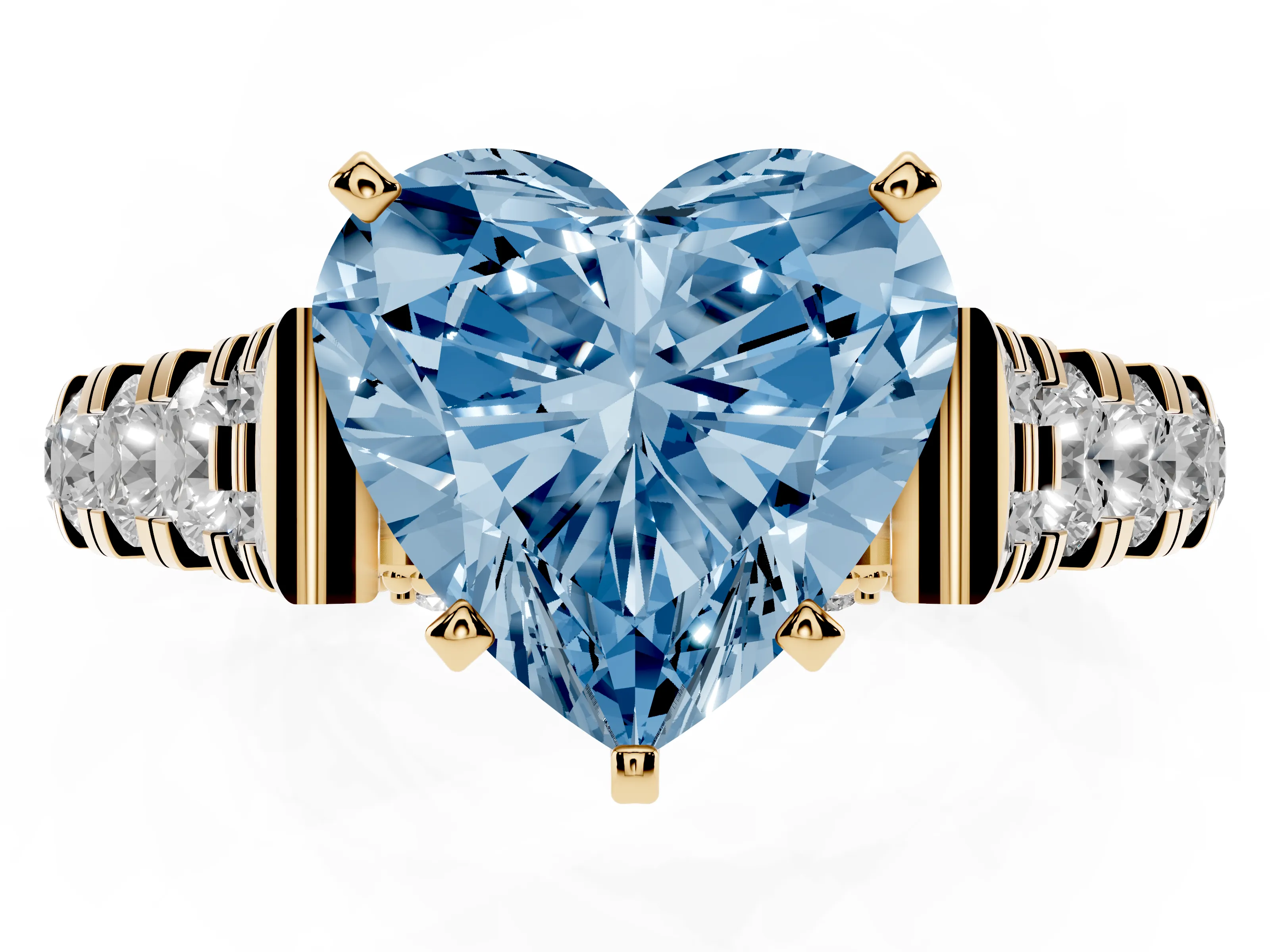 Fancy Blue Heart Cut Diamond Classic Solitaire Ring Set in Yellow gold with Pavé Band and Prong Setting