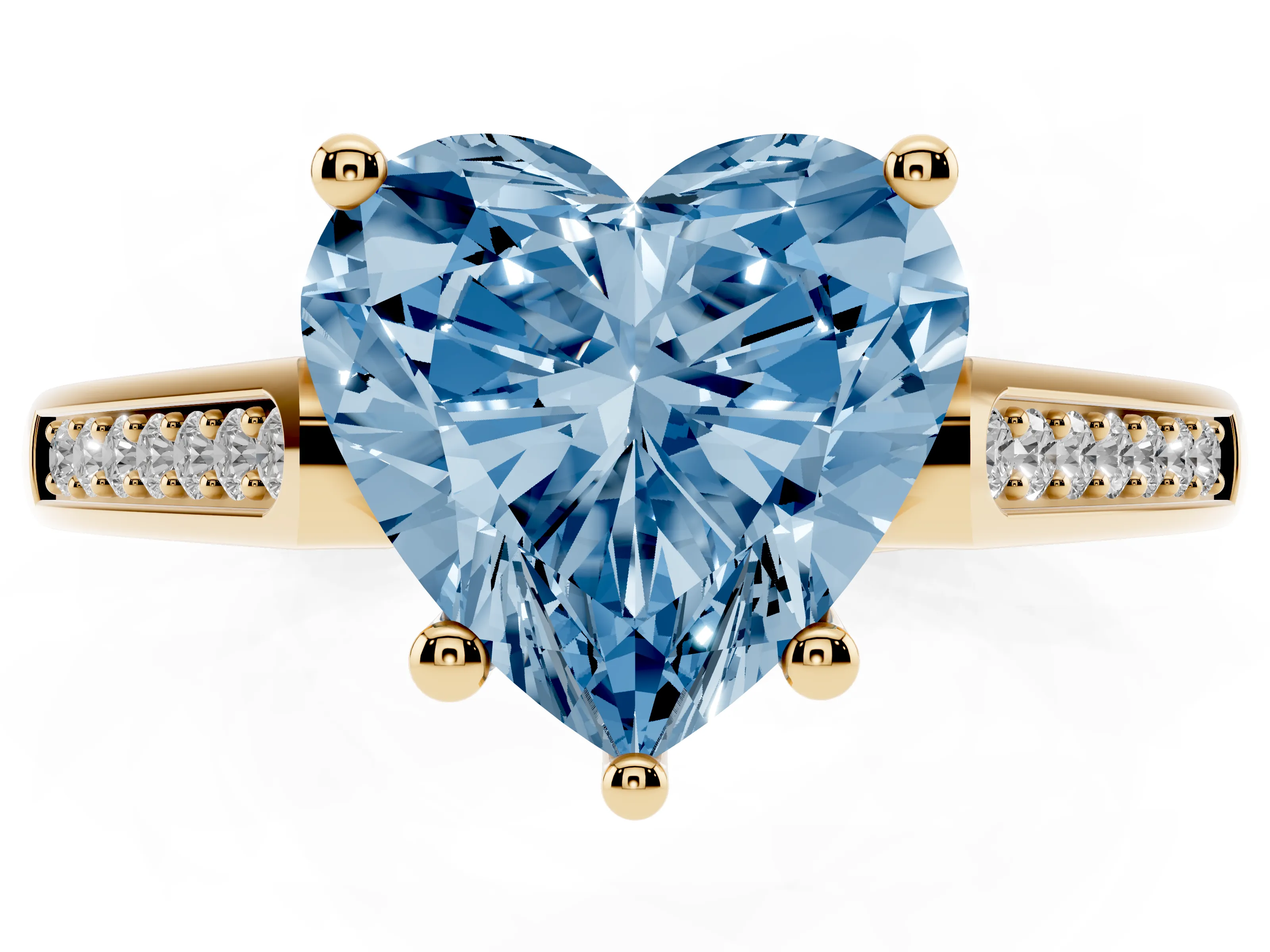 Fancy Blue Heart Cut Diamond Solitaire Cathedral Engagement Ring Set in Yellow gold with Channel-Set Band and Prong Setting