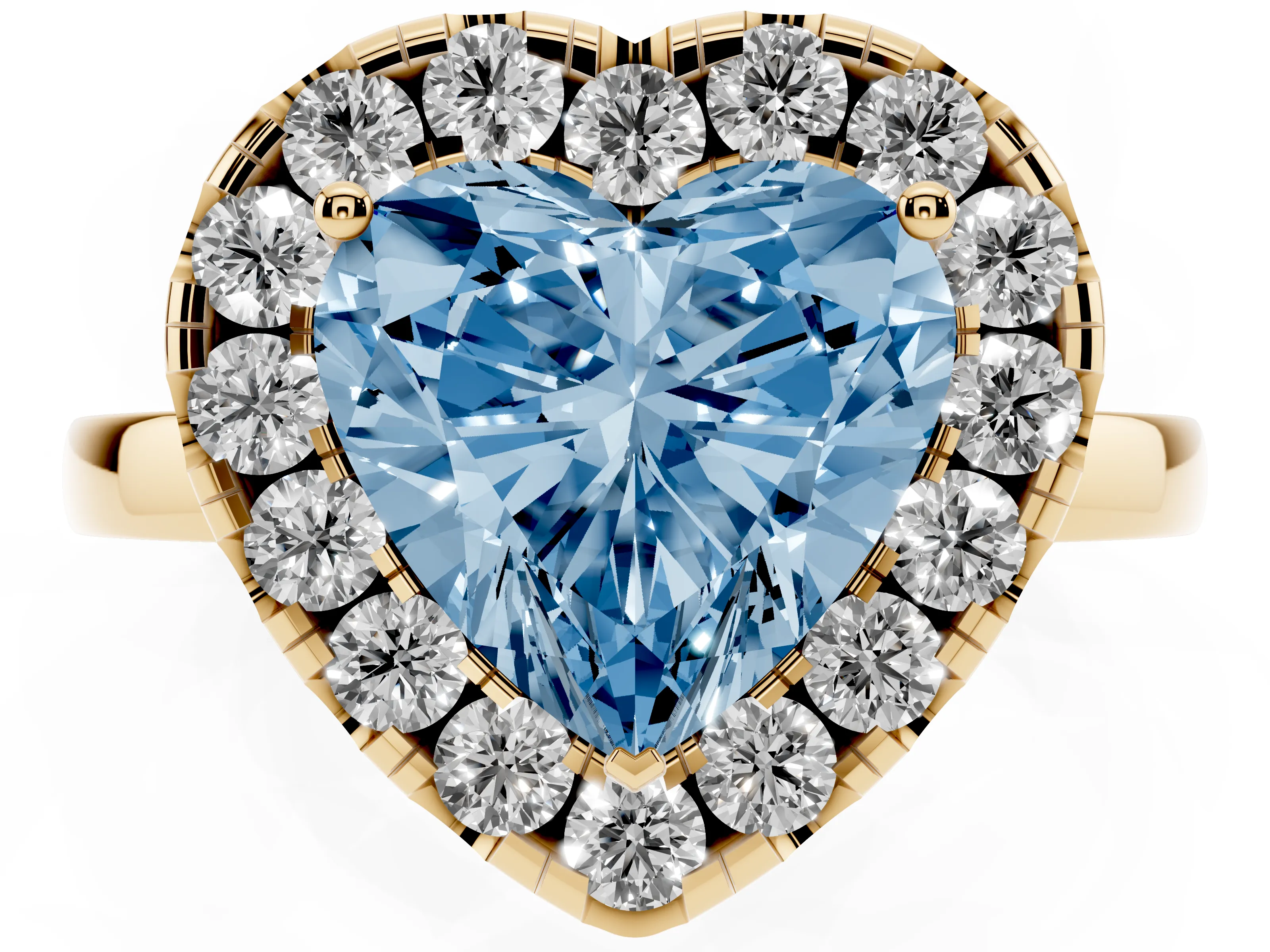 Fancy Blue Heart Cut Diamond Halo Solitaire Ring Set in Yellow gold with Pavé Band and Prong Setting