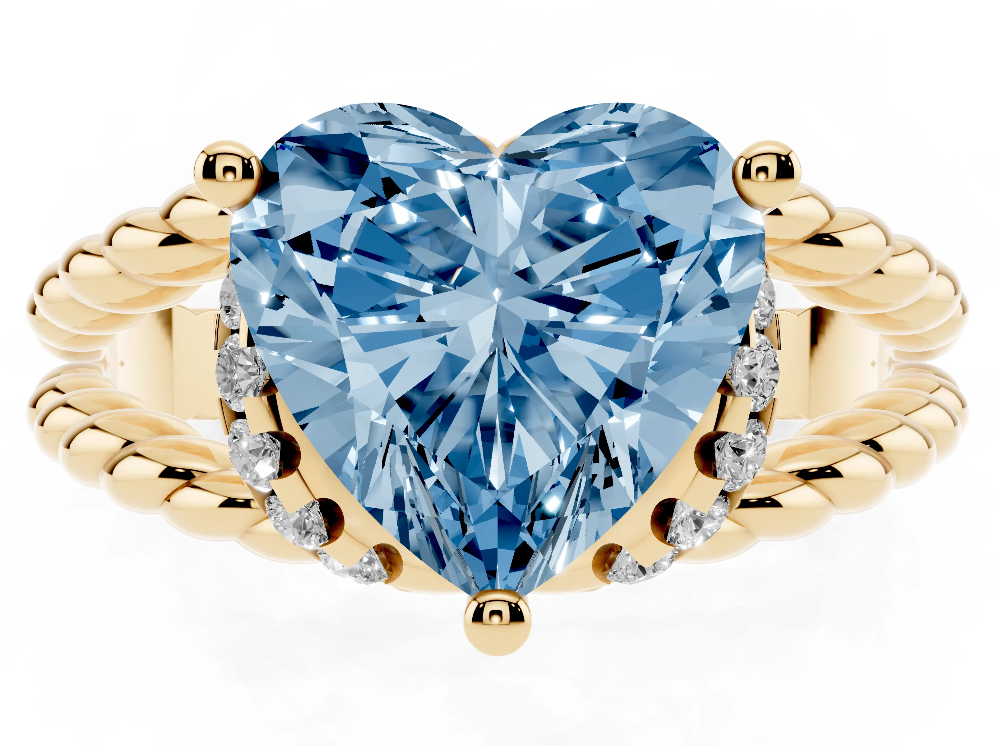 Fancy Blue Heart Cut Diamond Halo Ring Set in Yellow gold with Twisted Band and Prong Setting