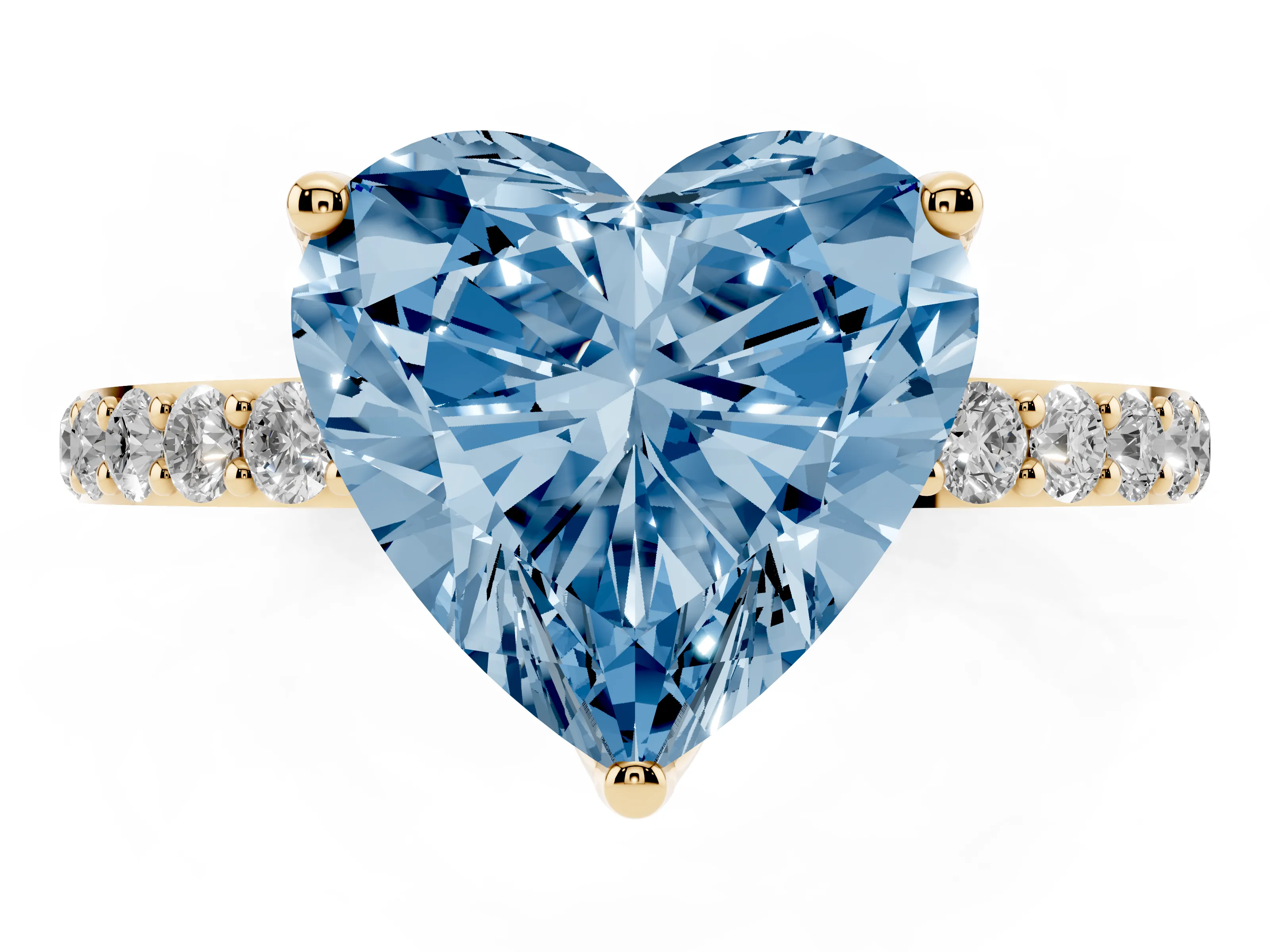 Fancy Blue Heart Cut Diamond Solitaire Engagement Ring Set in Yellow gold with Round Pavé Band and Prong Setting