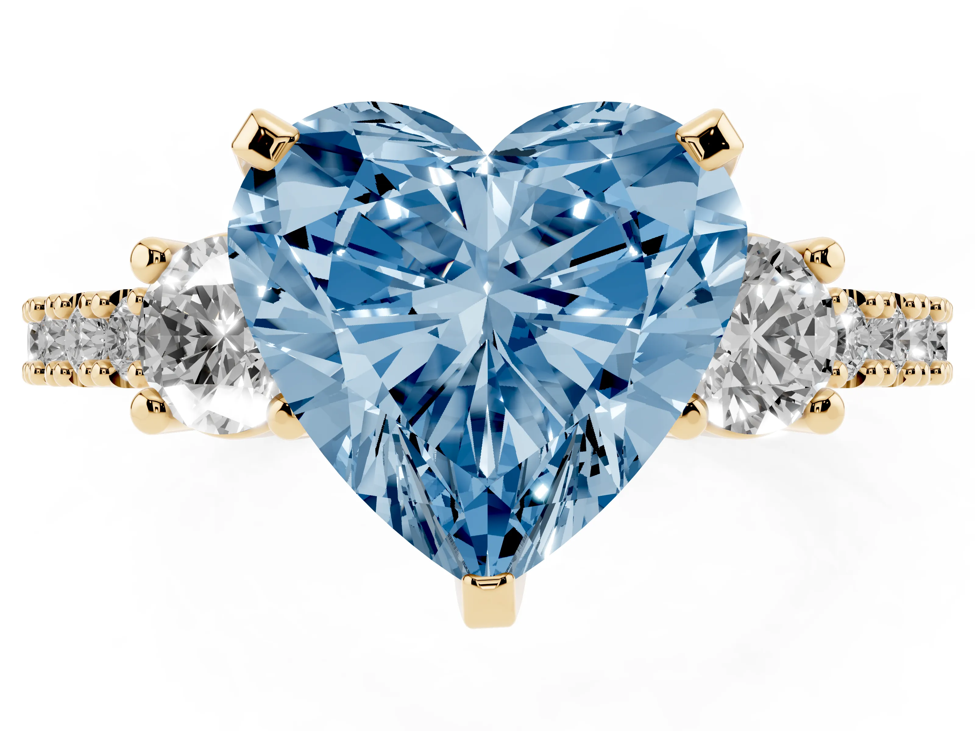 Fancy Blue Three-Stone Heart Cut Diamond Pavé Band Ring Set in Yellow gold with Prong Setting